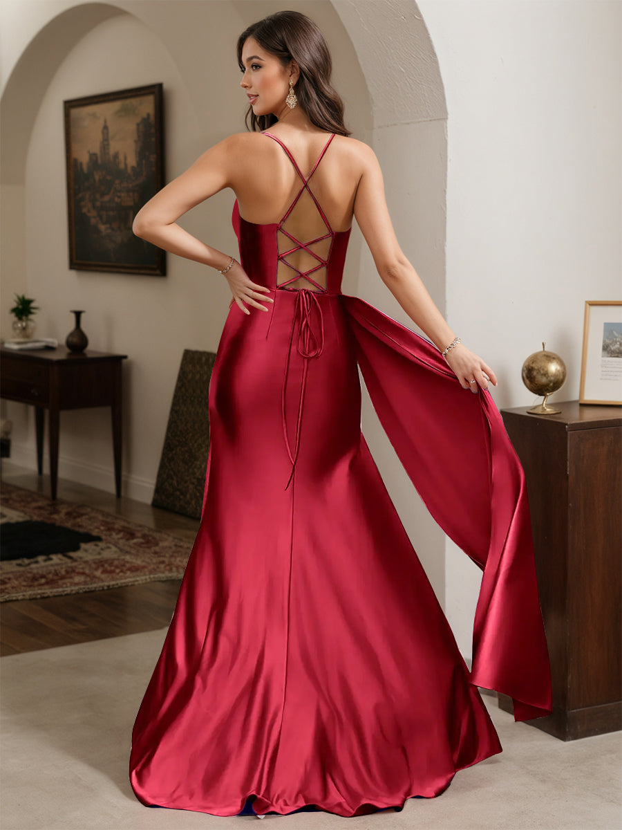 Cicinia Burgundy Prom Dresses Long Spaghetti Straps Sheath Slit Evening Dress With Side Drape