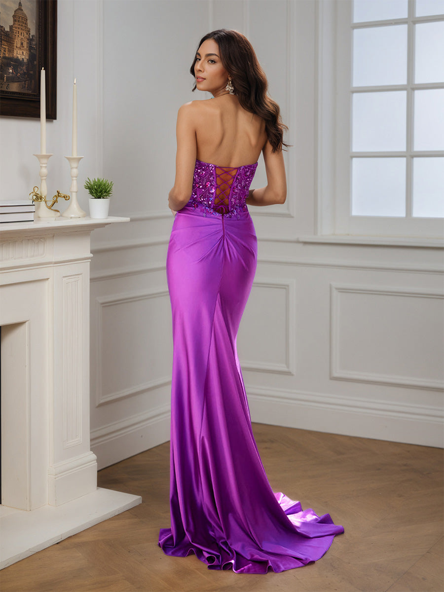 Pretty Purple Strapless Beading Sheath Sweep Train Long Prom Dress