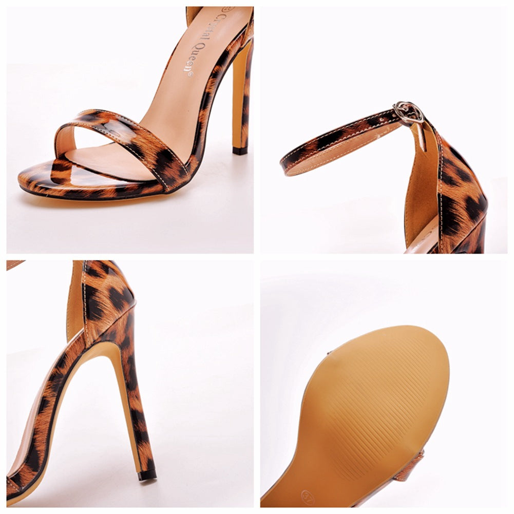Open Toe Leopard Print Ankle Strap Stiletto High Heel