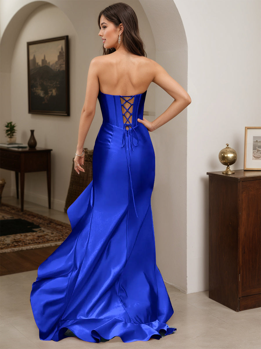 Cicinia Royal Blue Prom Dresses Long Srtapless Sheath Ruffles Party Gowns