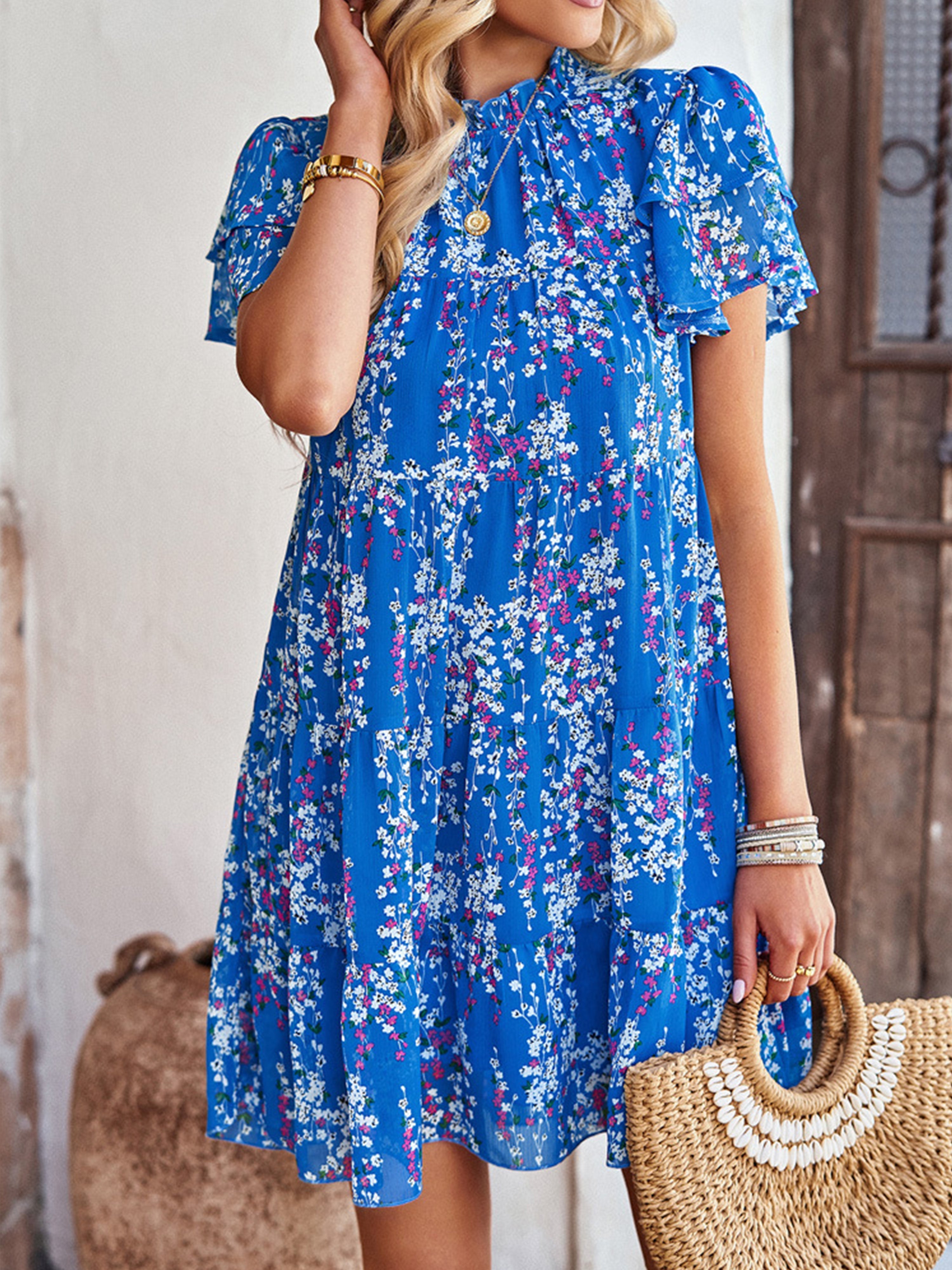 Jewel A Line Floral Blue Ruffles Sleeves Wedding Guest Dress