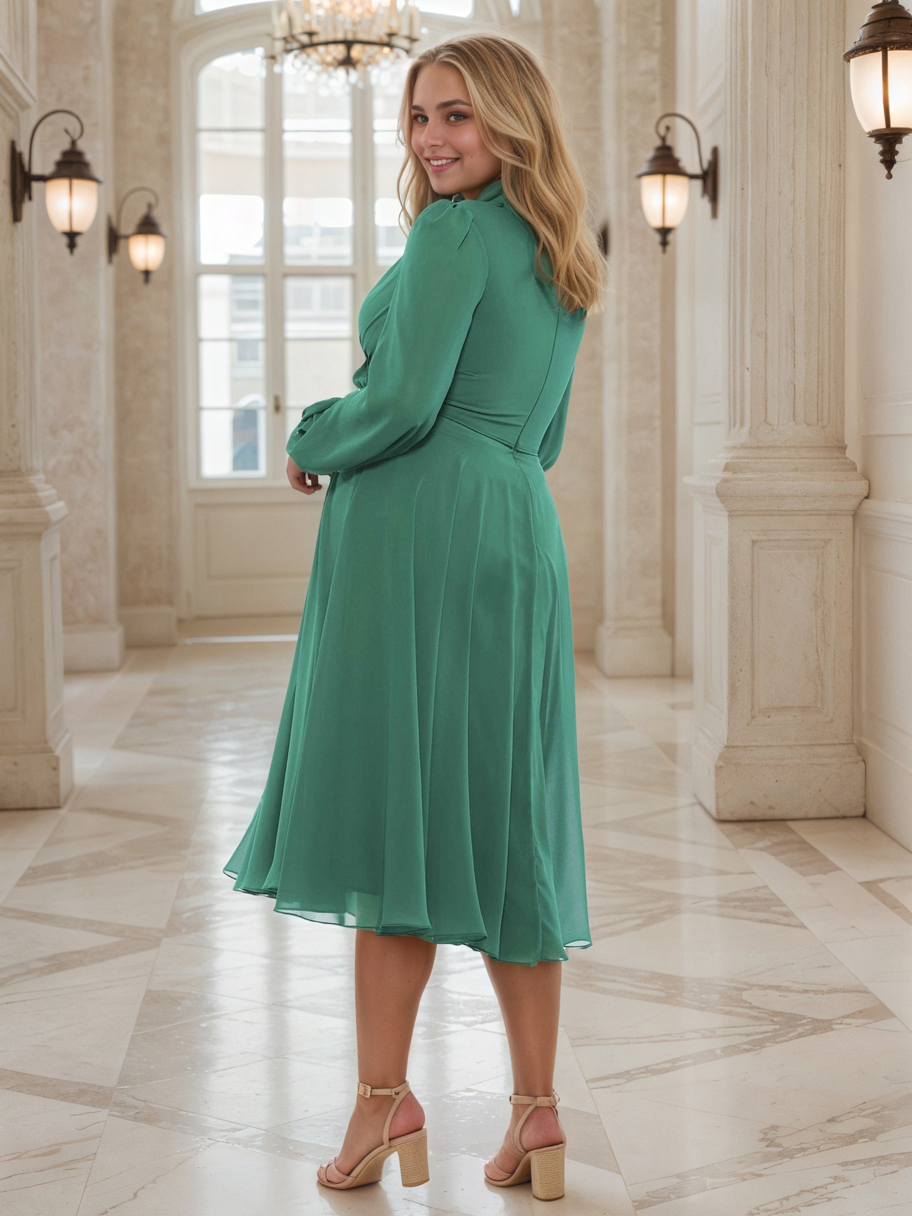 Flowy Tea Length Chiffon Long Sleeves Plus Size Prom Dress