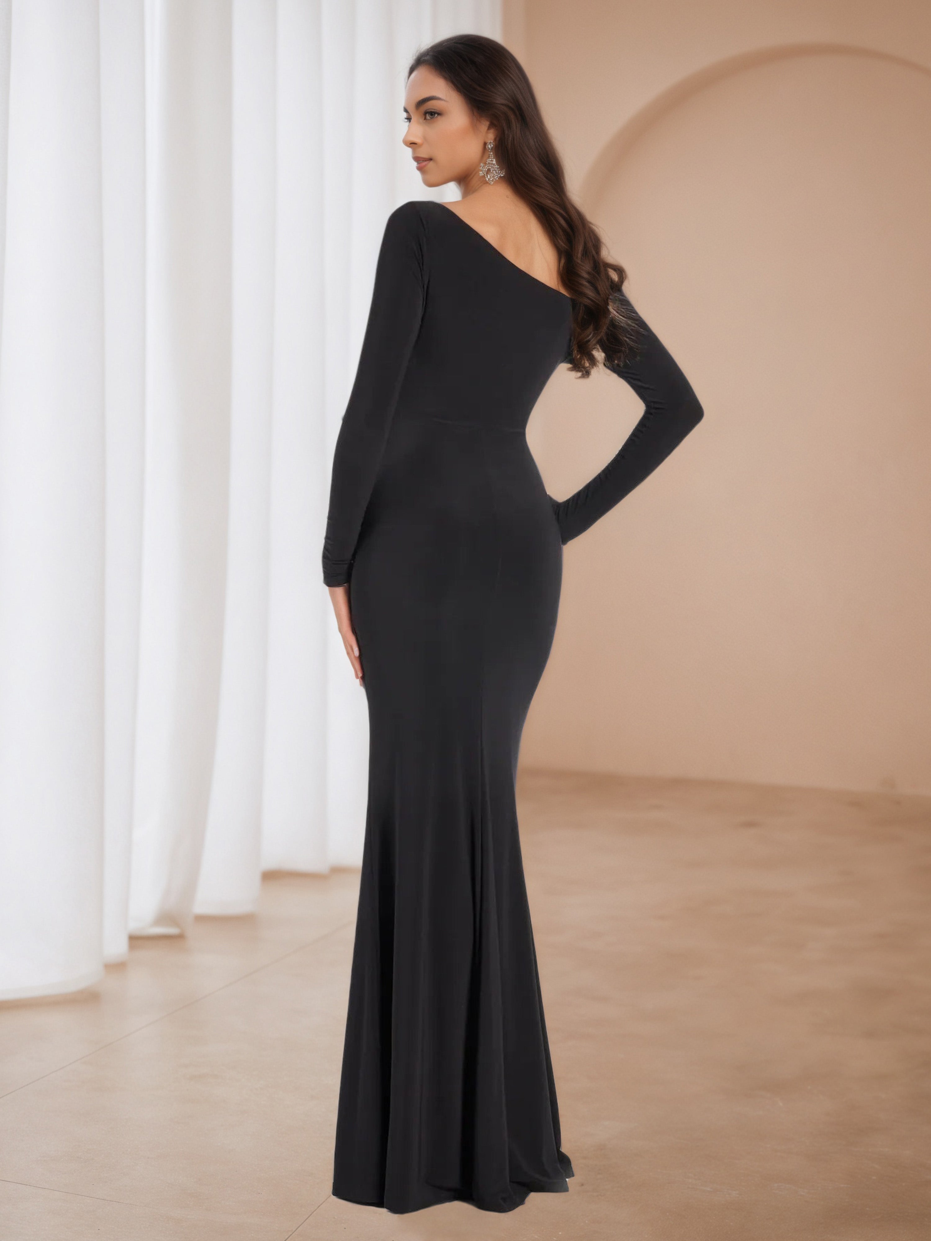 One Shoulder Solid Black Trumpet/Mermaid Wedding Guest Dress