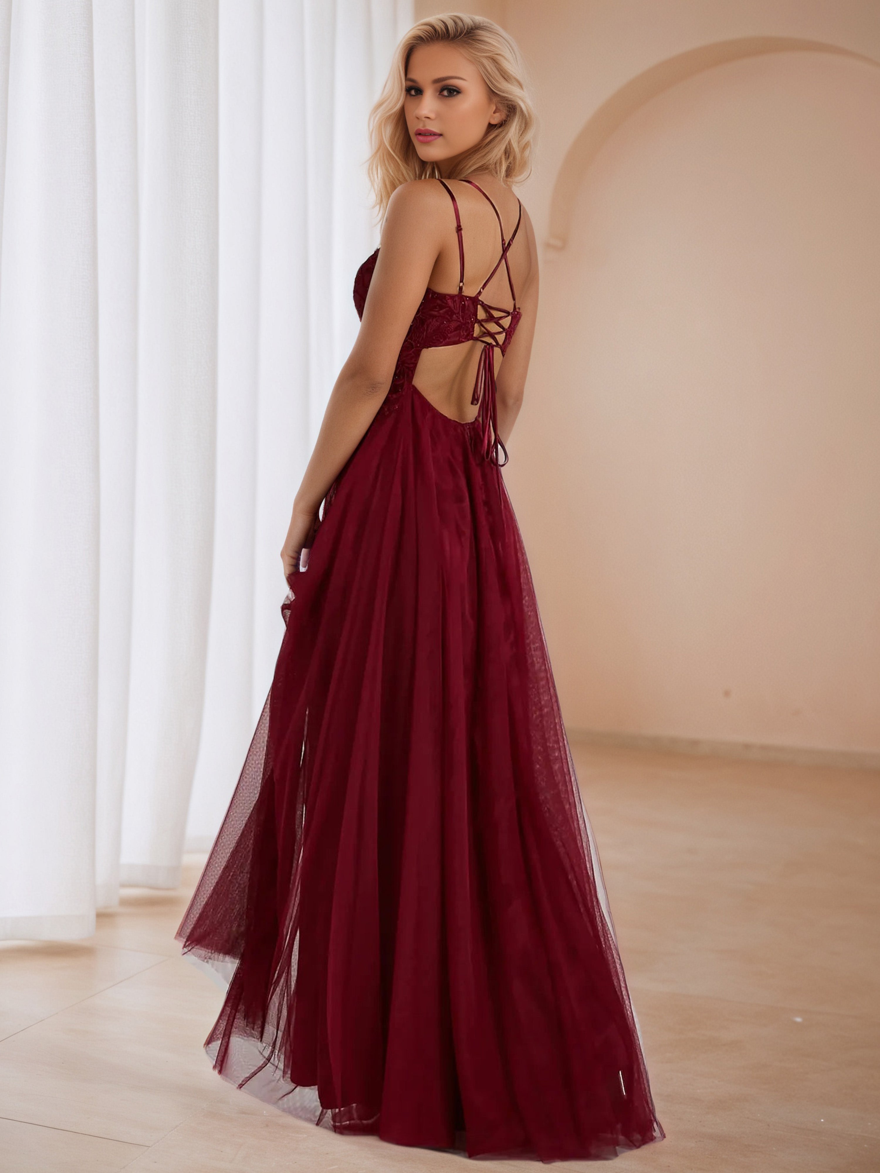 Appliques Burgundy Spaghetti Straps Tulle Wedding Guest Dress