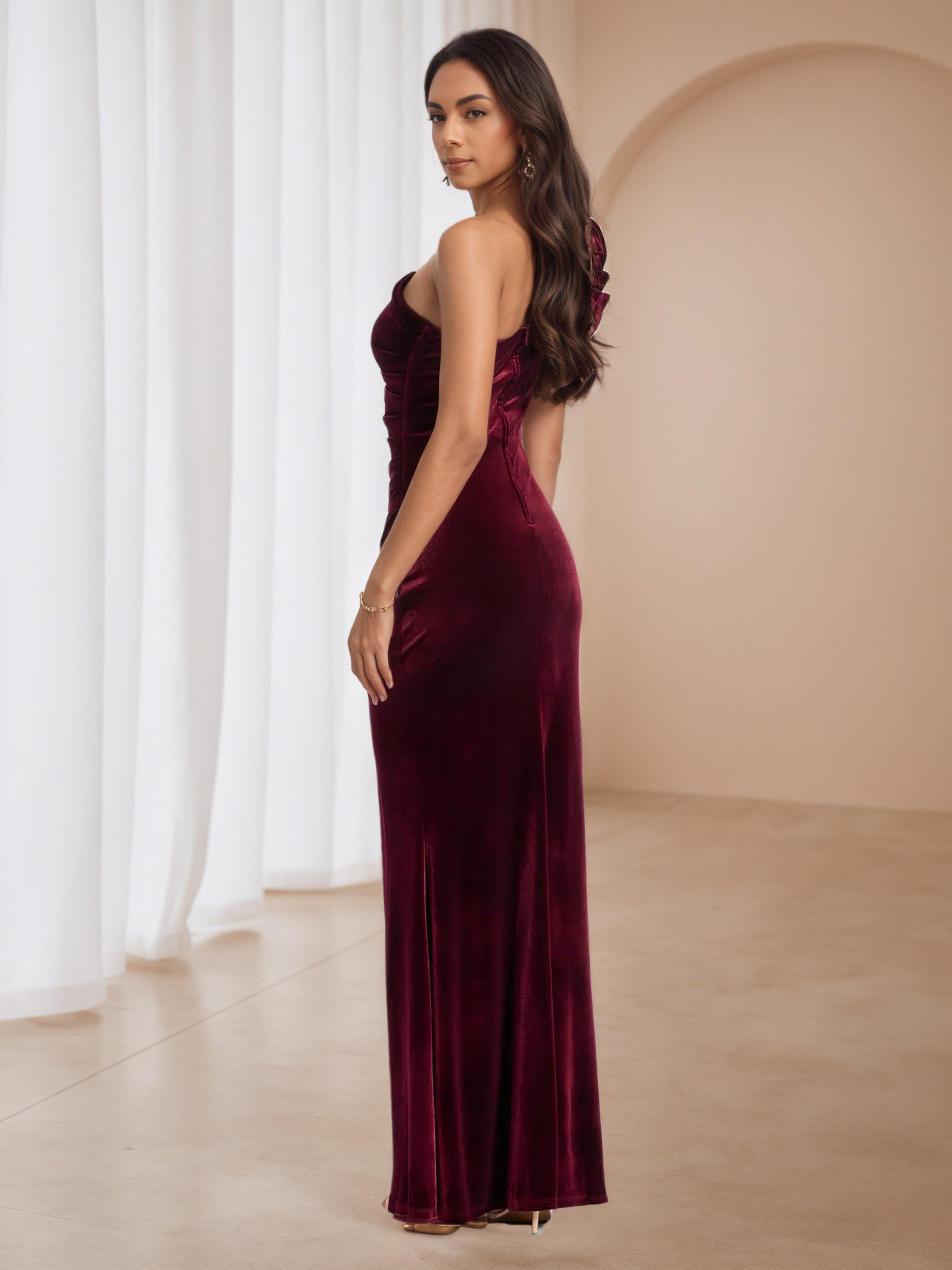 Flower Burgundy One Shoulder Wedding Guest Dress