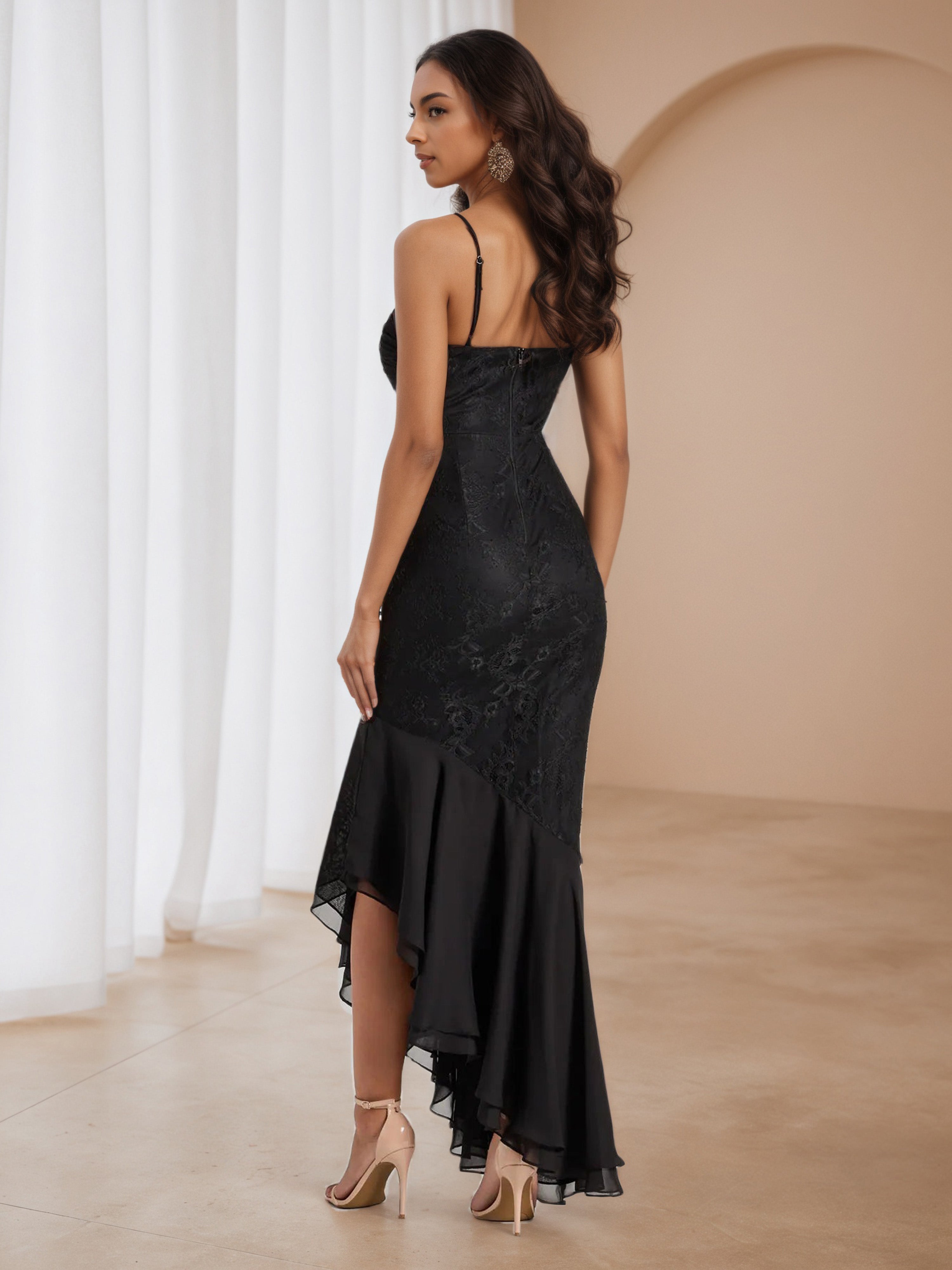Ankle Length Ruffle Side Spaghetti Straps Black Wedding Guest Dress