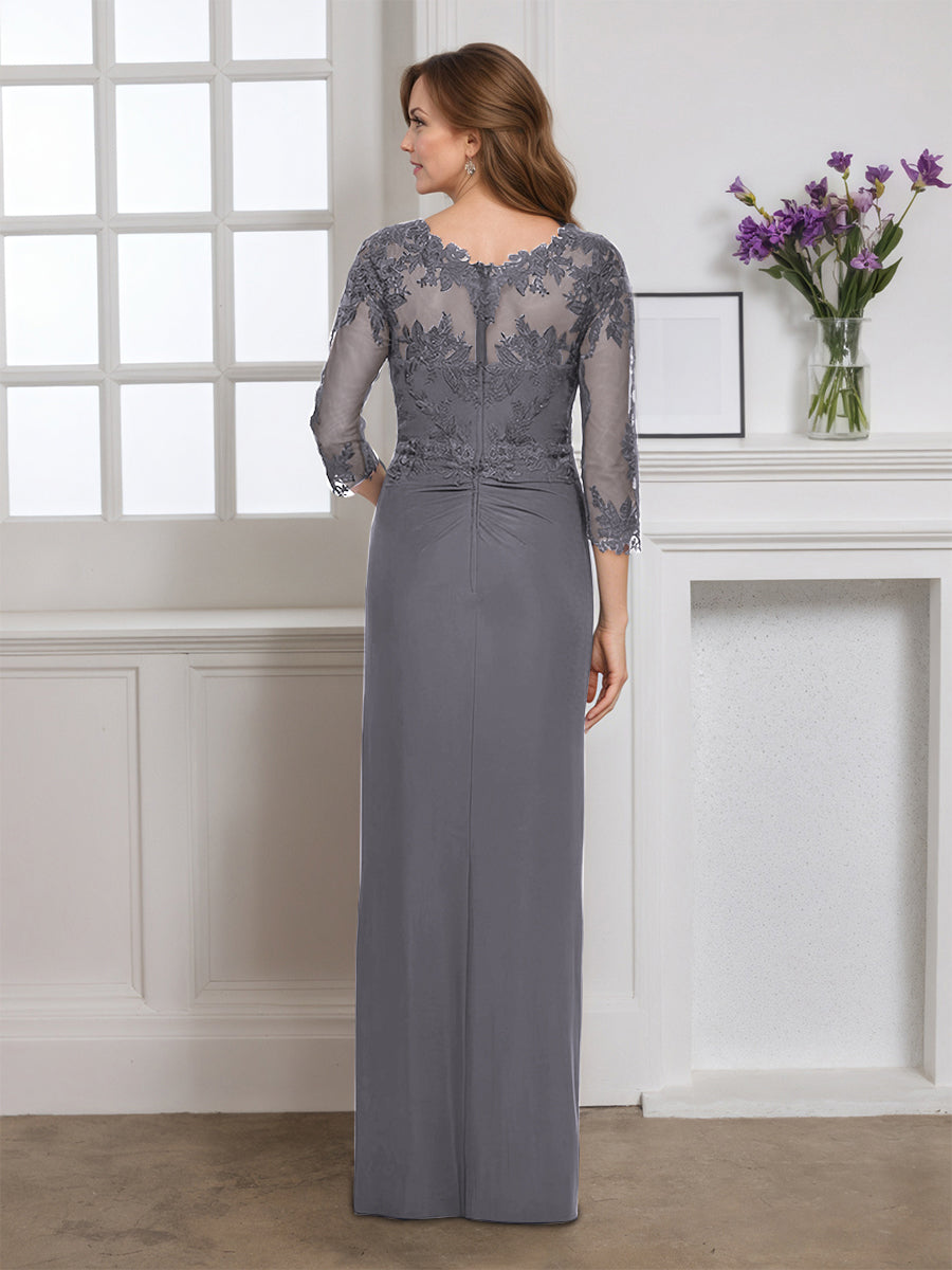 Cicinia Gray Mother Of The Bride Dress With Sleeves Long Stretch Fabric Sheath Zipper Back Floor Length