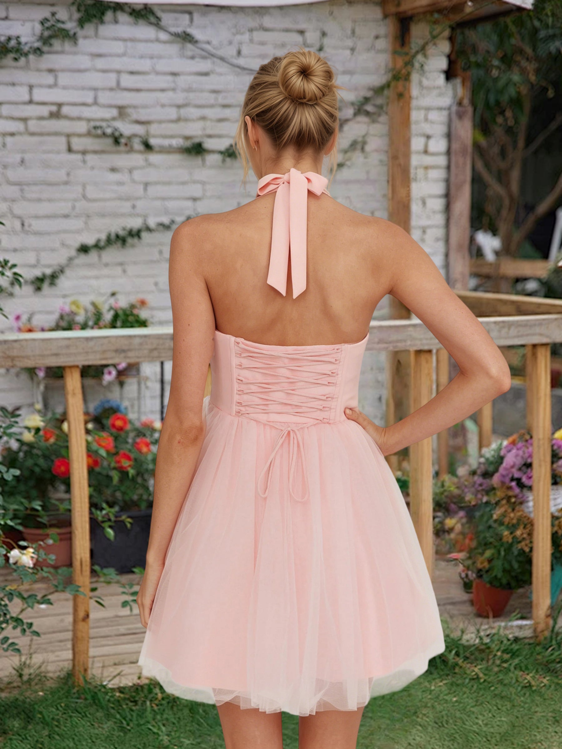 Cicinia Backless Halter Blush Homecoming Dresses Short Tulle A-line Mini Length