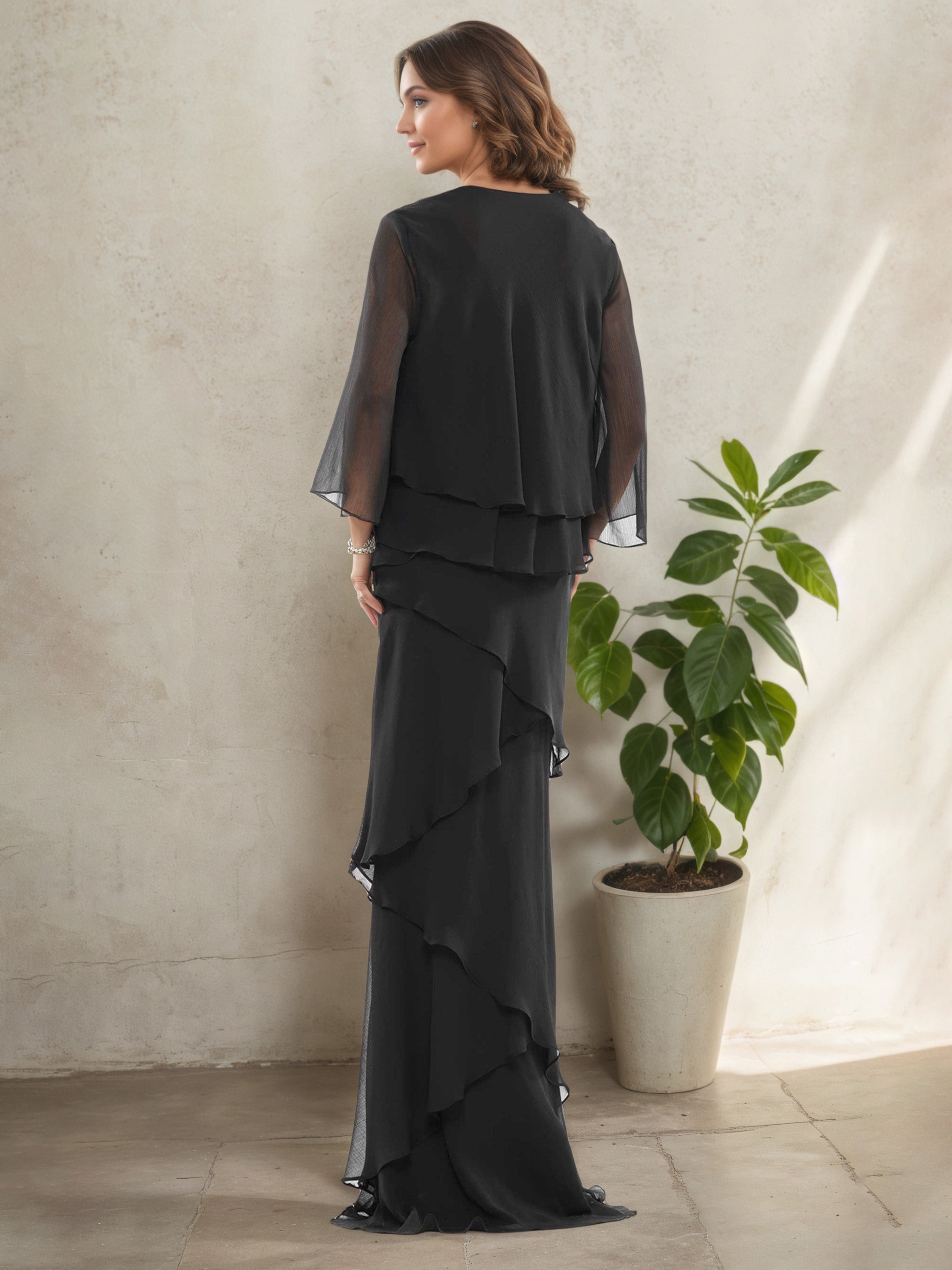 Black V-Neck Dress Layers 3/4 Sleeves Long Sheath Mother Of The Bride Dress Suits