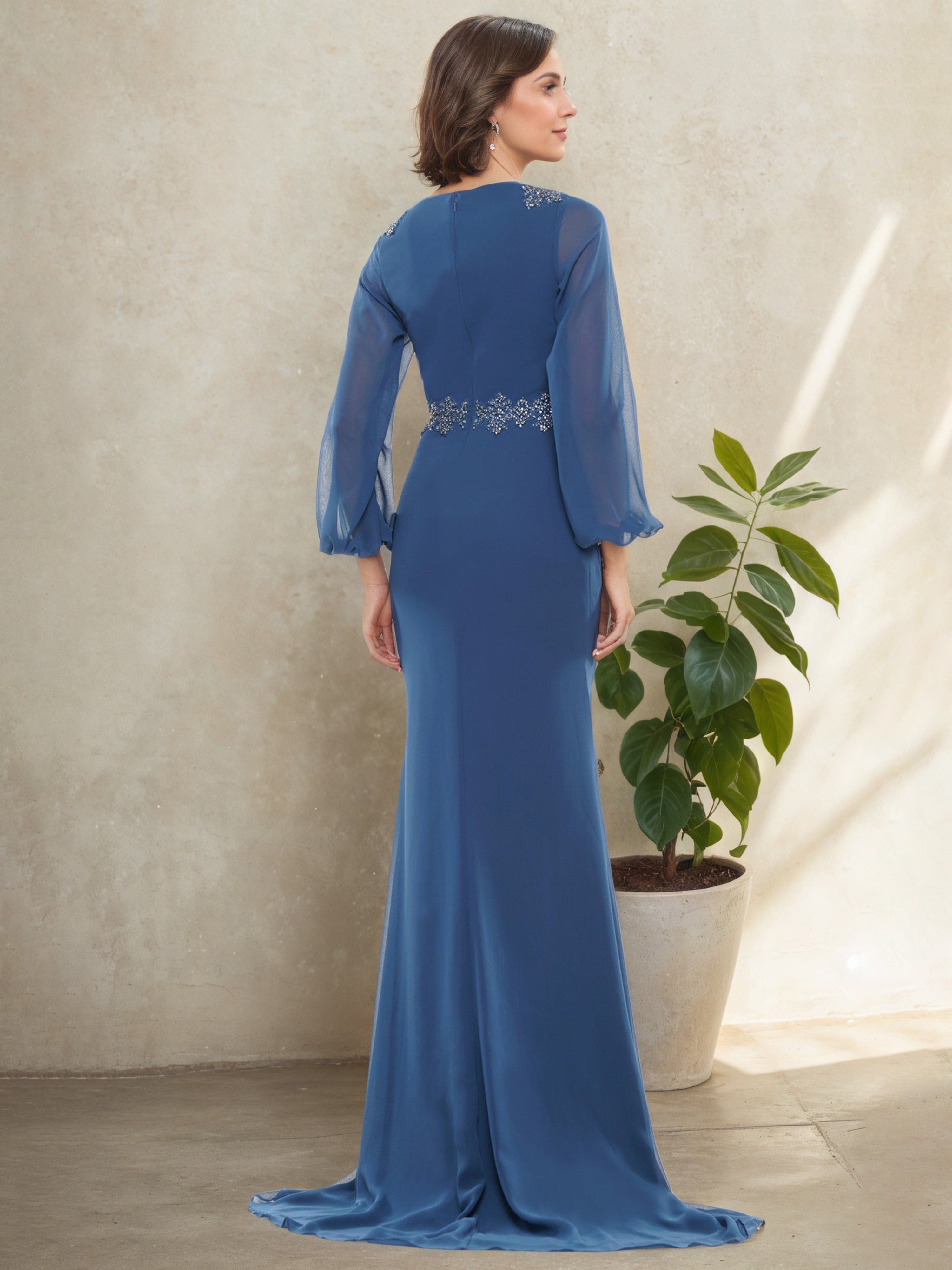 Lantern Sleeve Pleats Wedgewood V-Neck Mother Of The Bride Dress with Beading