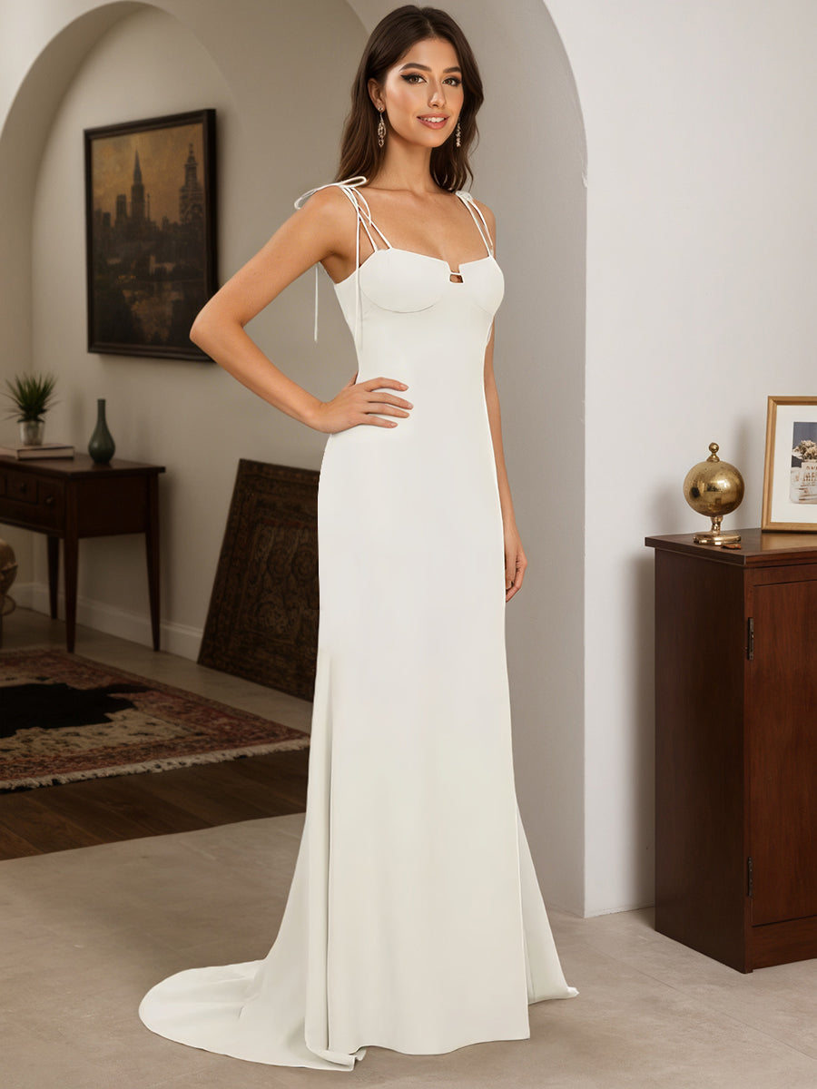 Cicinia White Prom Dresses Long Spaghetti Straps Backless Sheath Dress With Sweep Train