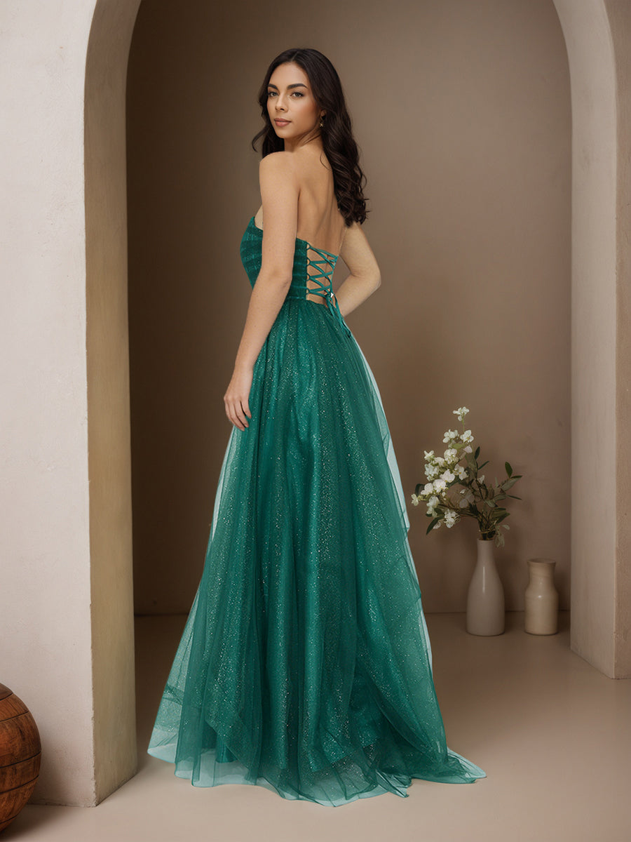 Cicinia Dark Green Prom Dresses Long Tulle A-line Strapless Sweep Train Evening Gowns