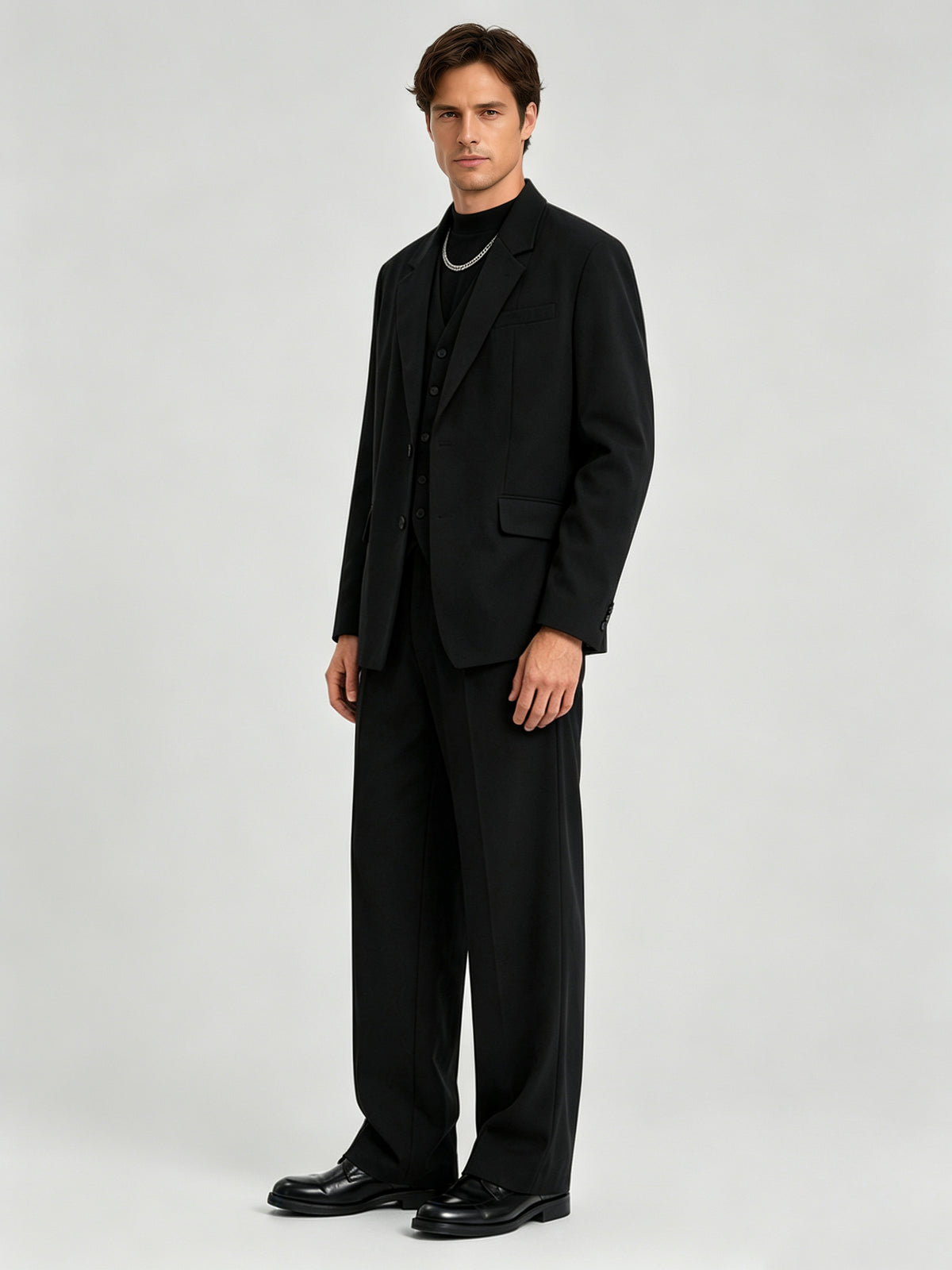 Cicinia Black Men's Suits Solid 3 Pieces Loose Fit Suit Blazer Waistcoat Wide Leg Trousers