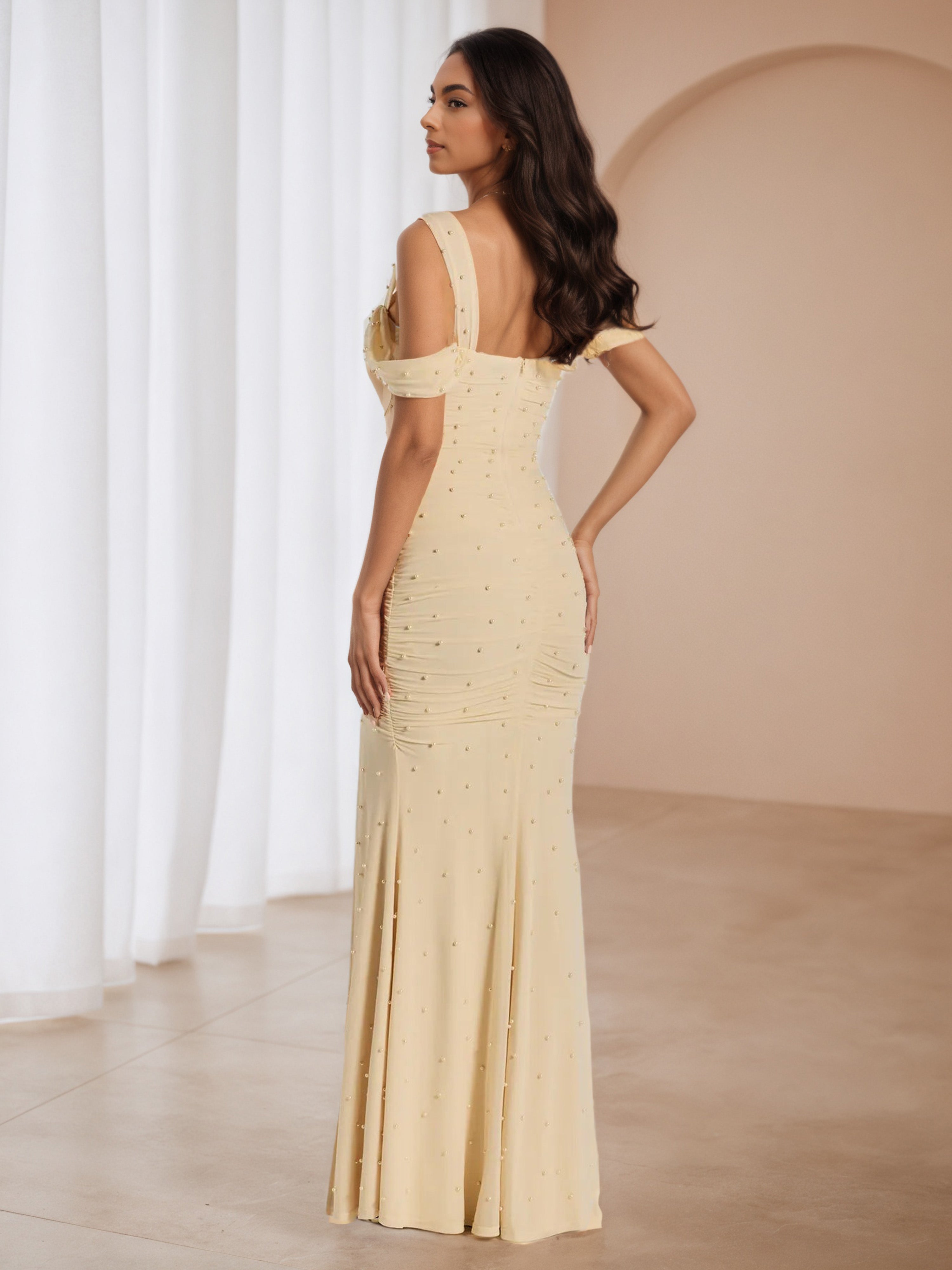 Champagne Straps Off The Shoulder Wedding Guest Dress