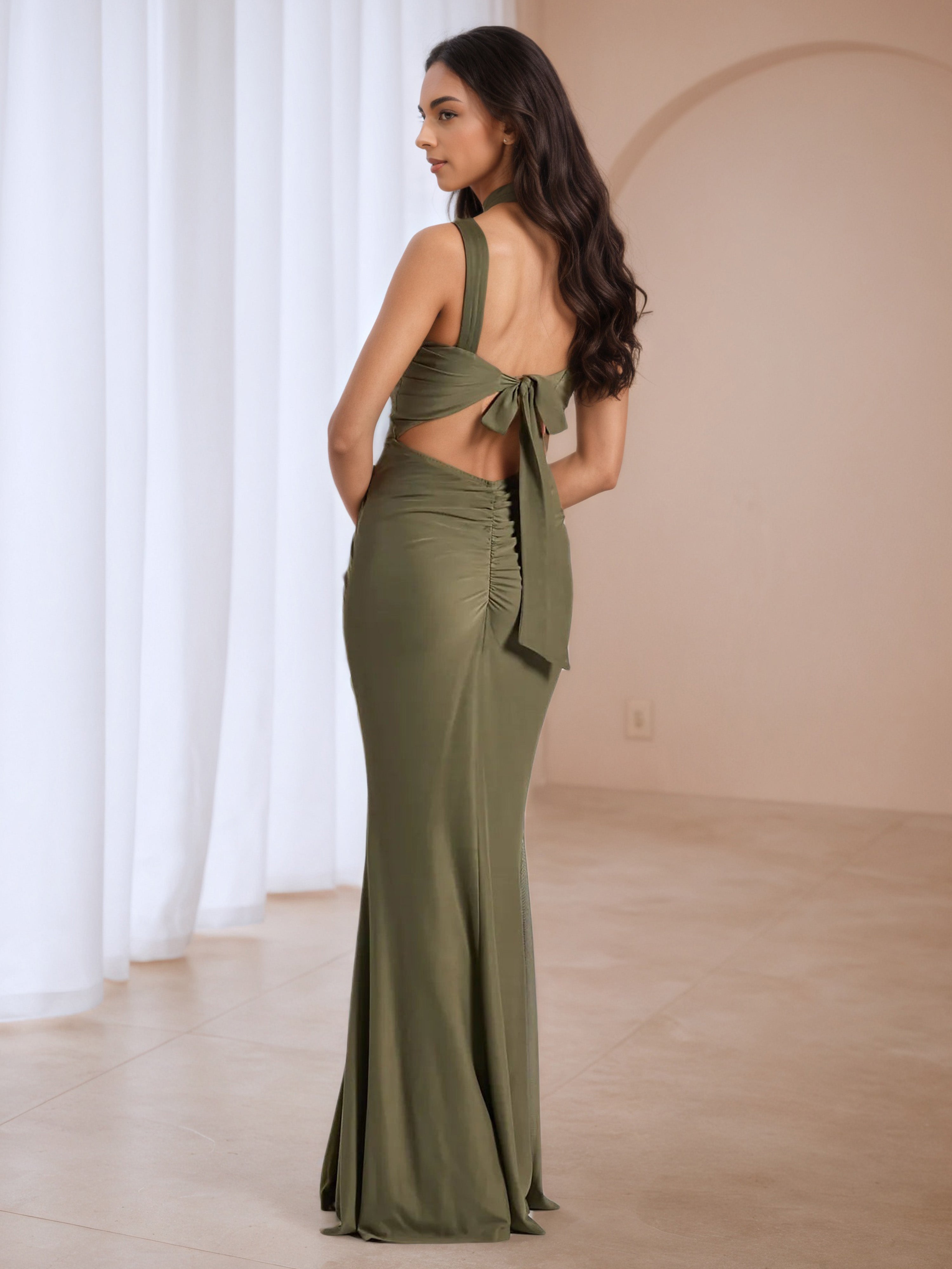 Straps Square Neckline Mineral Green Wedding Guest Dress with Split