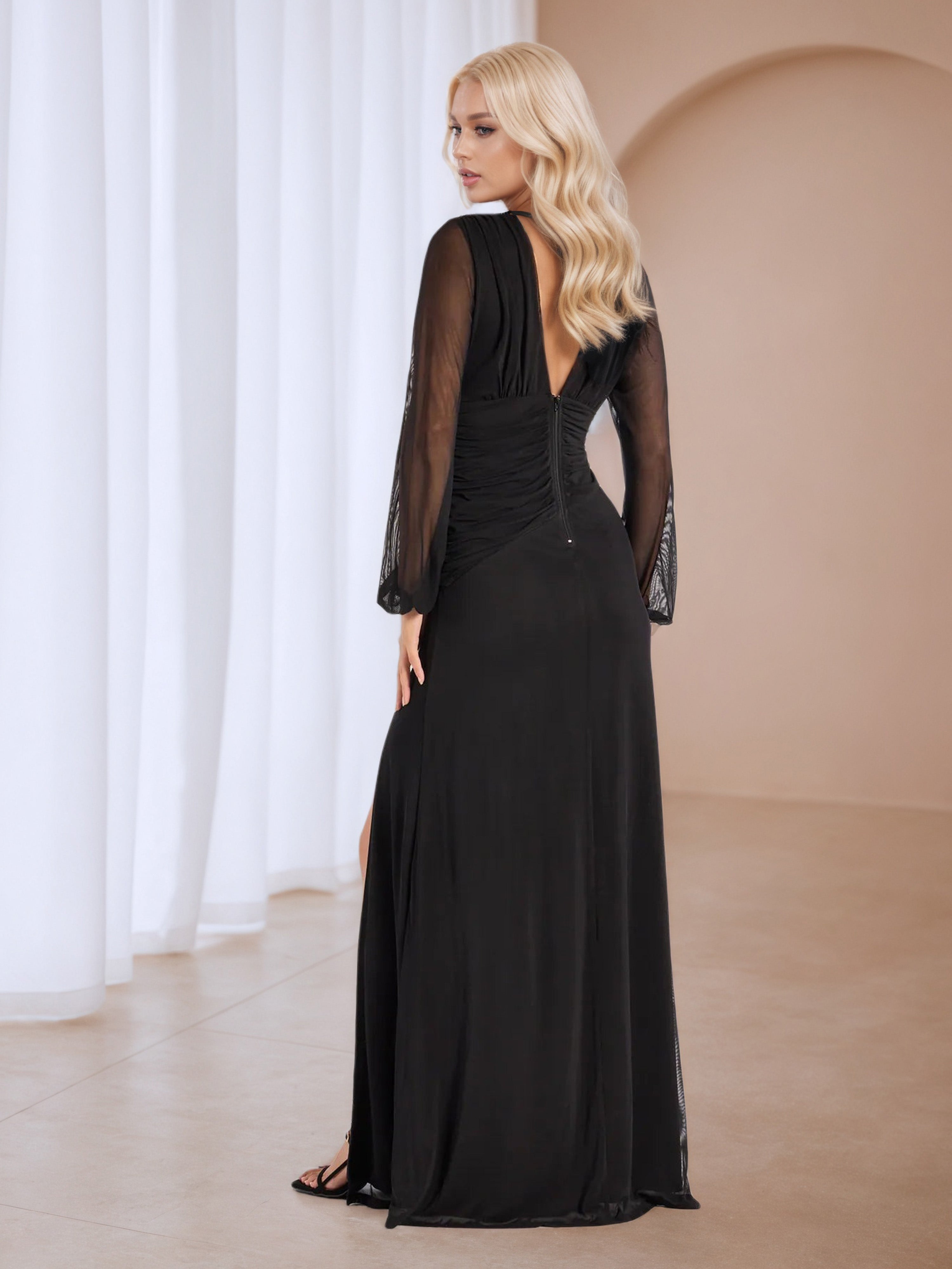 Long Sleeves V-Neck Black Sheath/Column Wedding Guest Dress