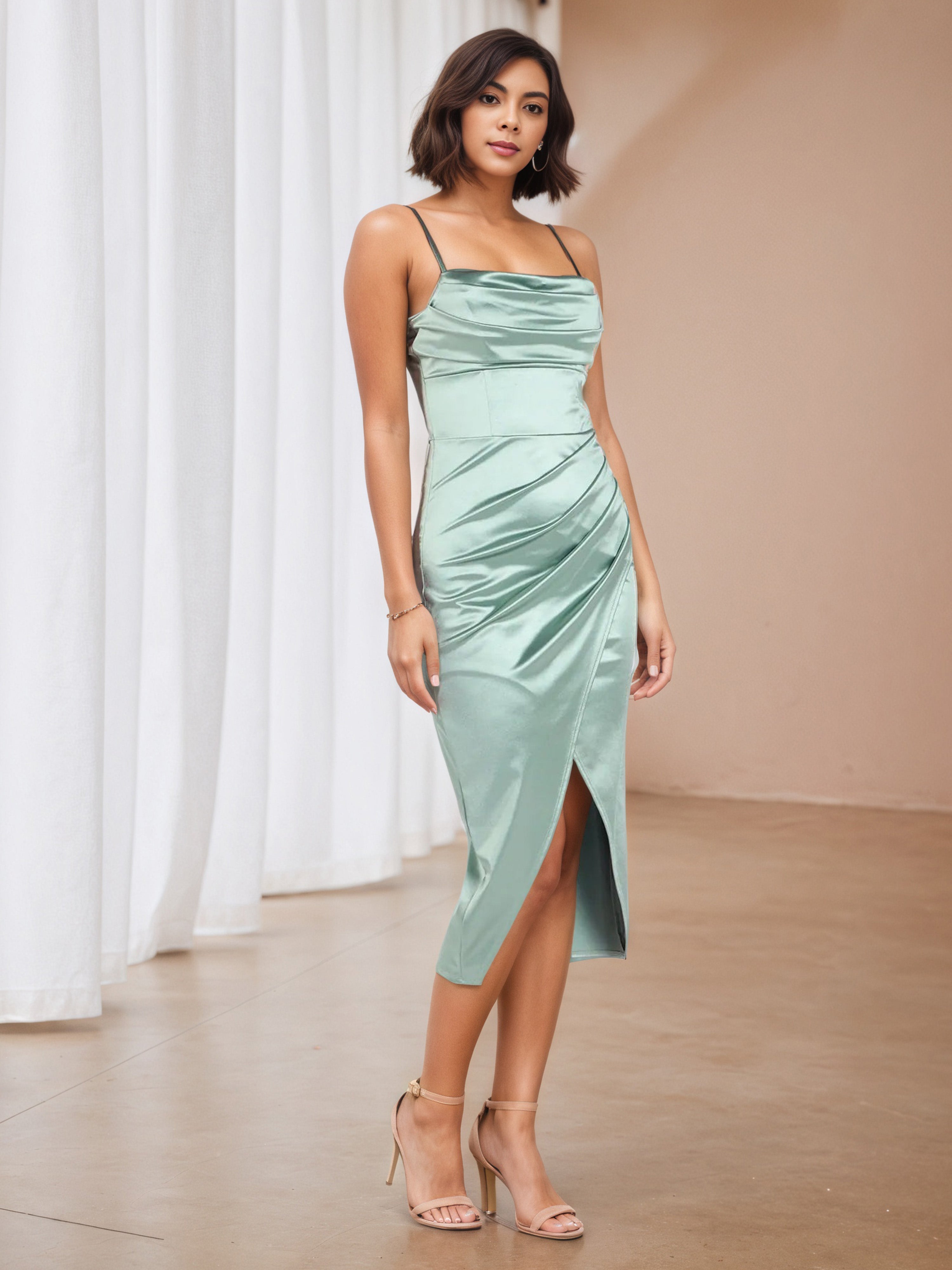 Asymmetrical Eucalyptus Spaghetti Straps Pleats Wedding Guest Dress