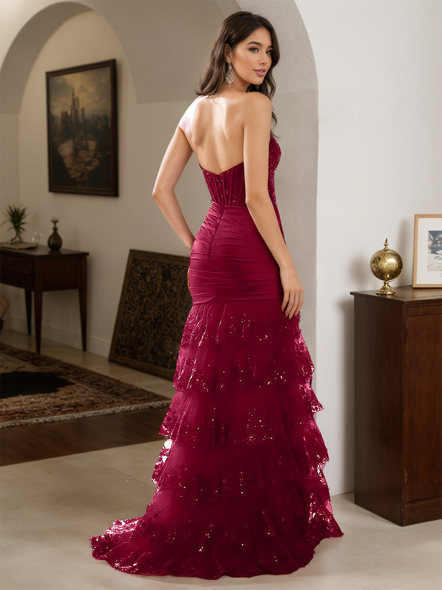 Cicinia Burgundy Prom Dresses Long Lace Sheath Layered Slit Sweetheart Dress