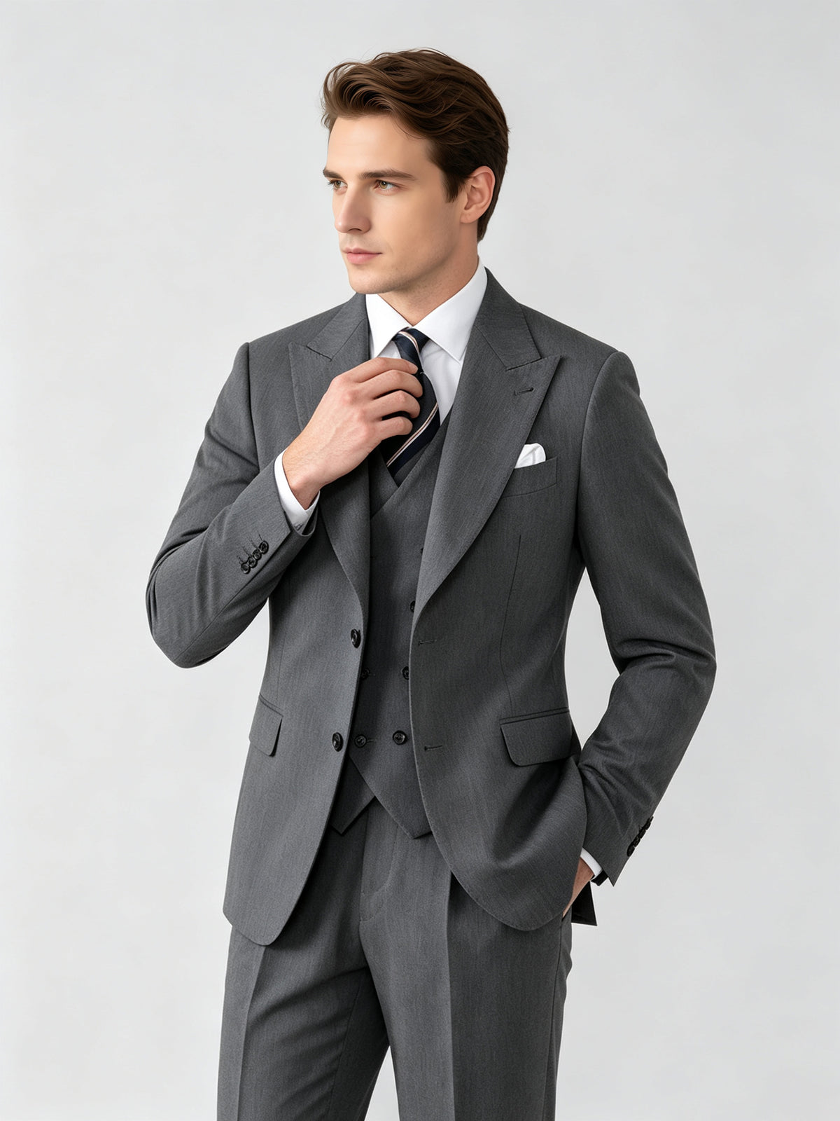 Cicinia 3 Pieces Suit Peak Lapel Double Breasted Waistcoat Solid Fabric Cuffed Trousers Steel Grey Men's Suits