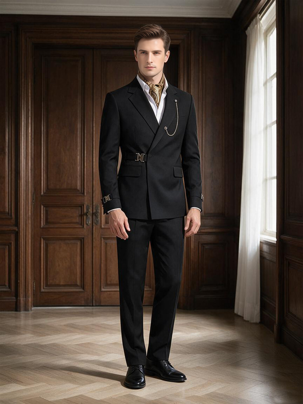 Cicinia Black Men's Suits Slim Fit Peak Lapel 2 Pieces Decorative Buckle Suit