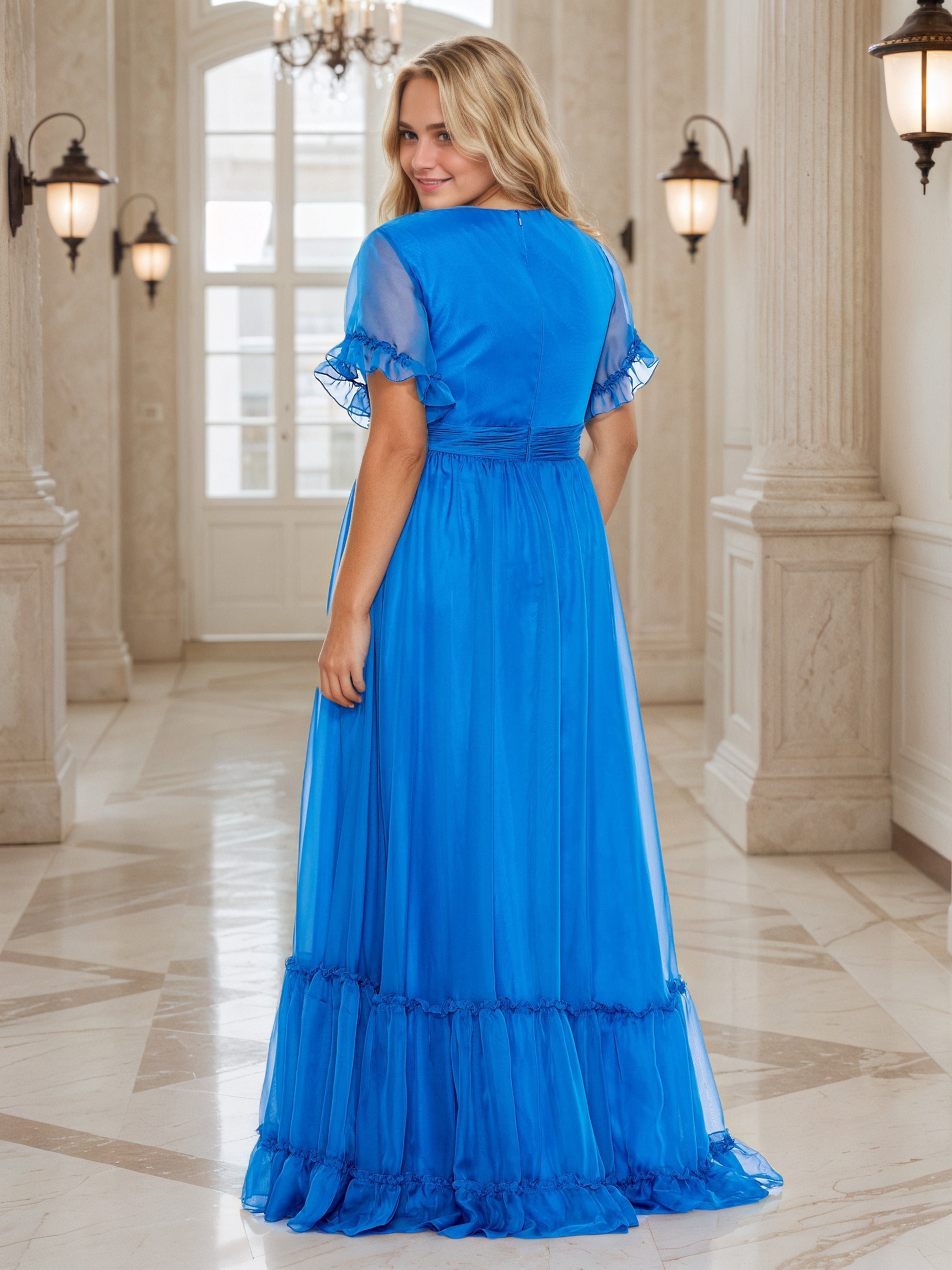 Charming Short Sleeves Ruffes Blue Long Plus Size Prom Dress