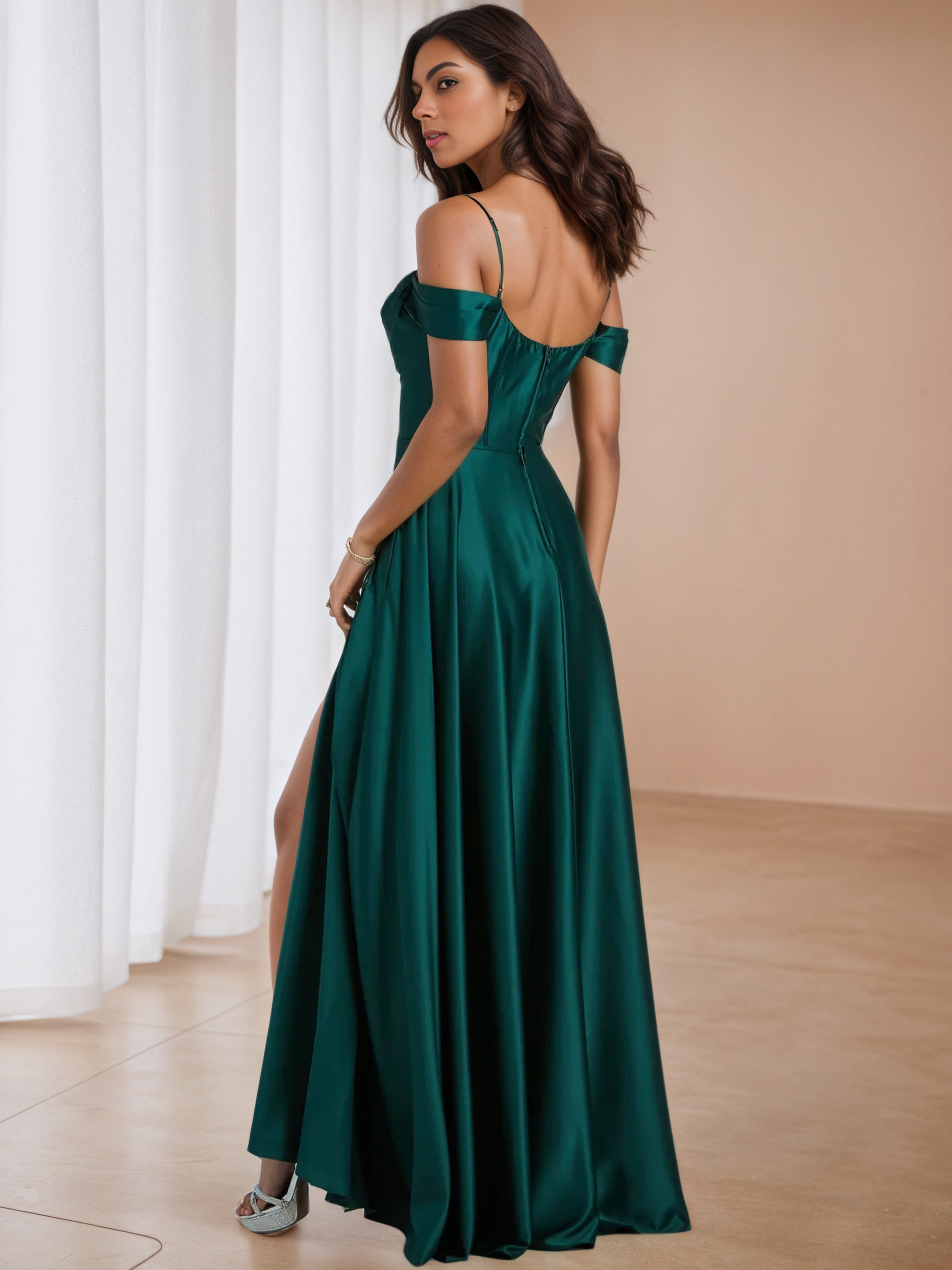 Off The Shoulder Ruched Peacock Wedding Guest Dress with Split