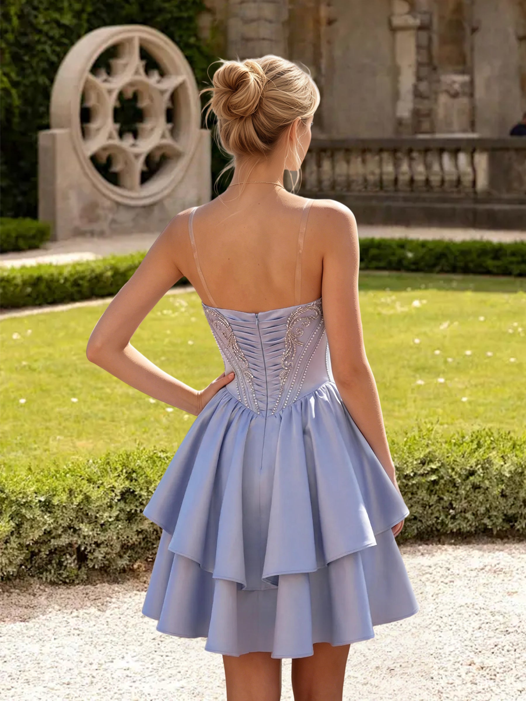 Cicinia Strapless Dusty Blue Homecoming Dresses Short A-line Beaded Layered Mini Length