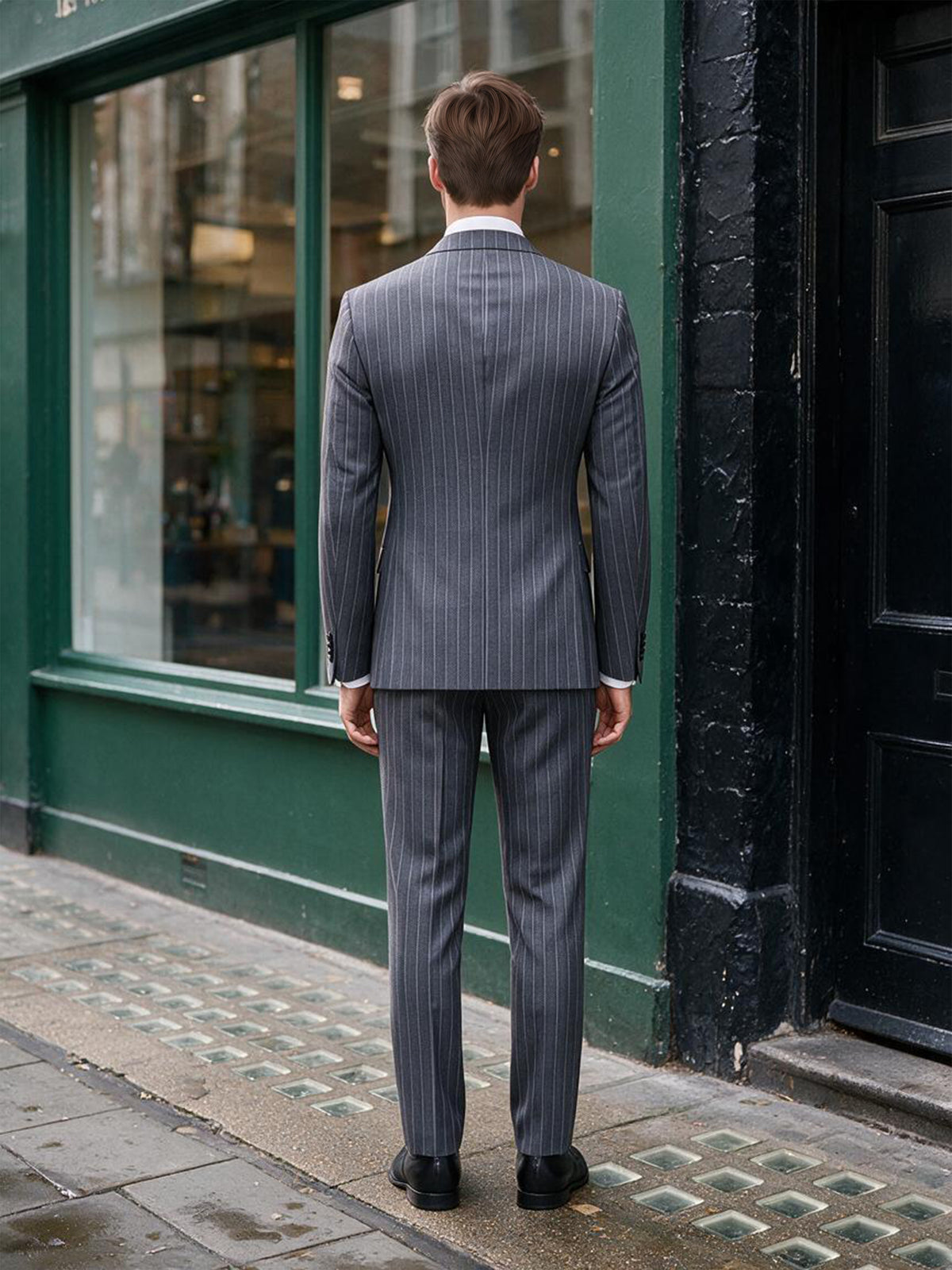 Cicinia Streel Grey Men's Suits 2 Pieces Peak Lapel Double Breasted Pinstripe Suit