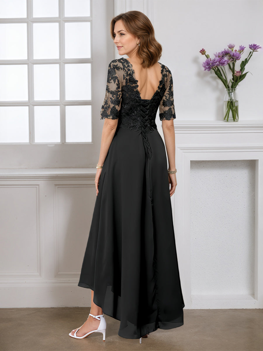 Cicinia Black Mother Of The Bride Dress Half Sleeves Long Chiffon Lace A-line V-neck High-Low Hemline