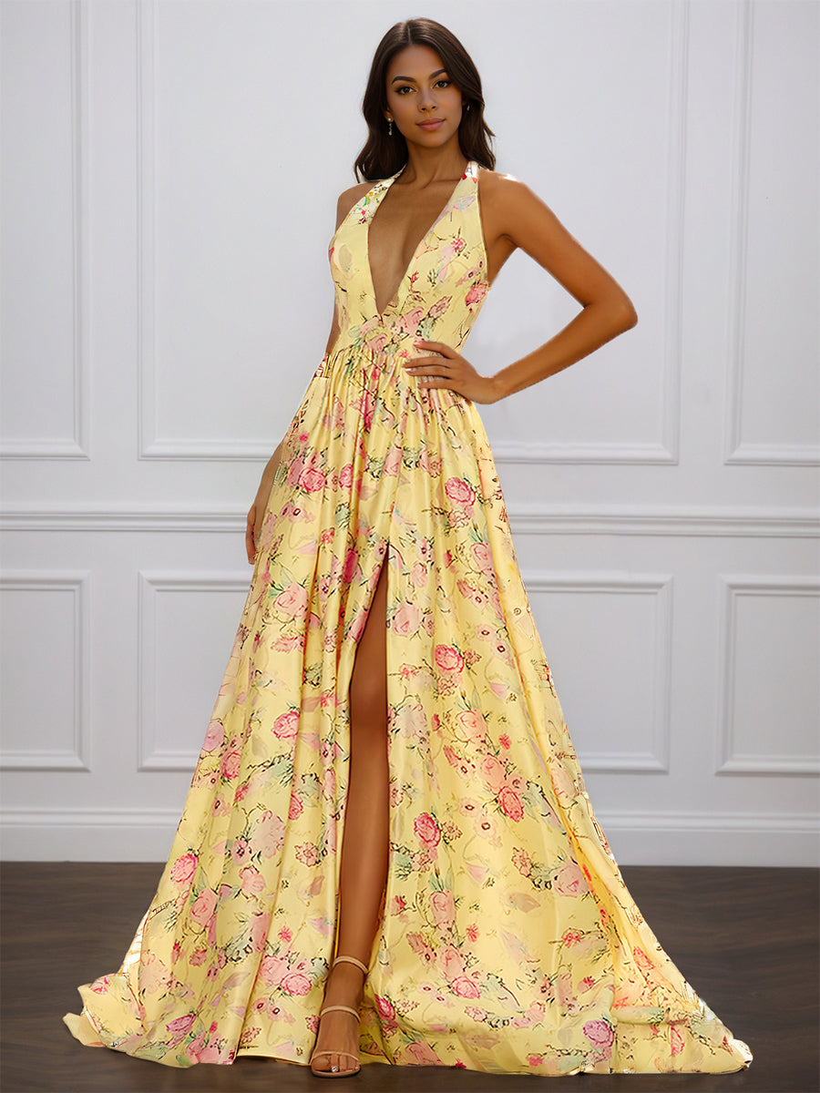 Cicinia Yellow Prom Dresses Long Printed Fabric A-line Deep V-neck Halter Backless