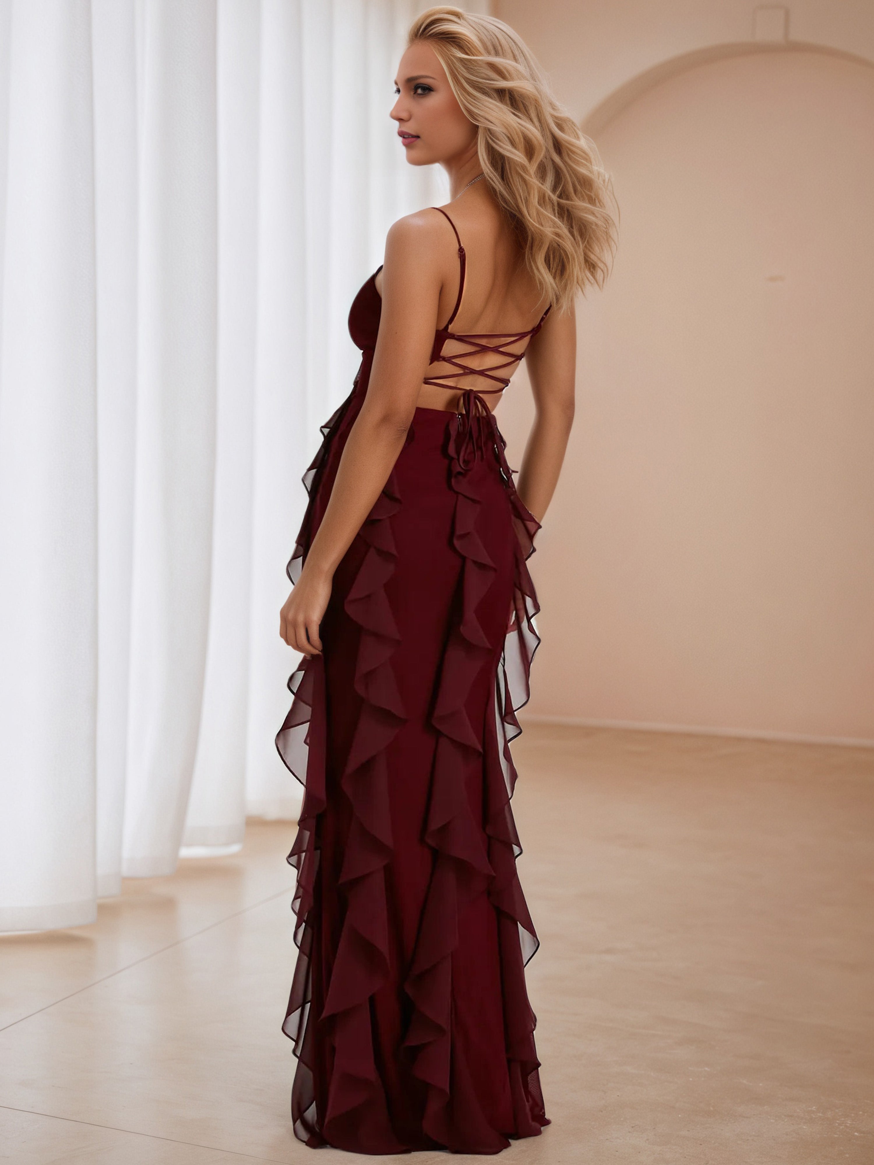 Sheath/Column Spaghetti Straps Wedding Guest Dress in Cabernet
