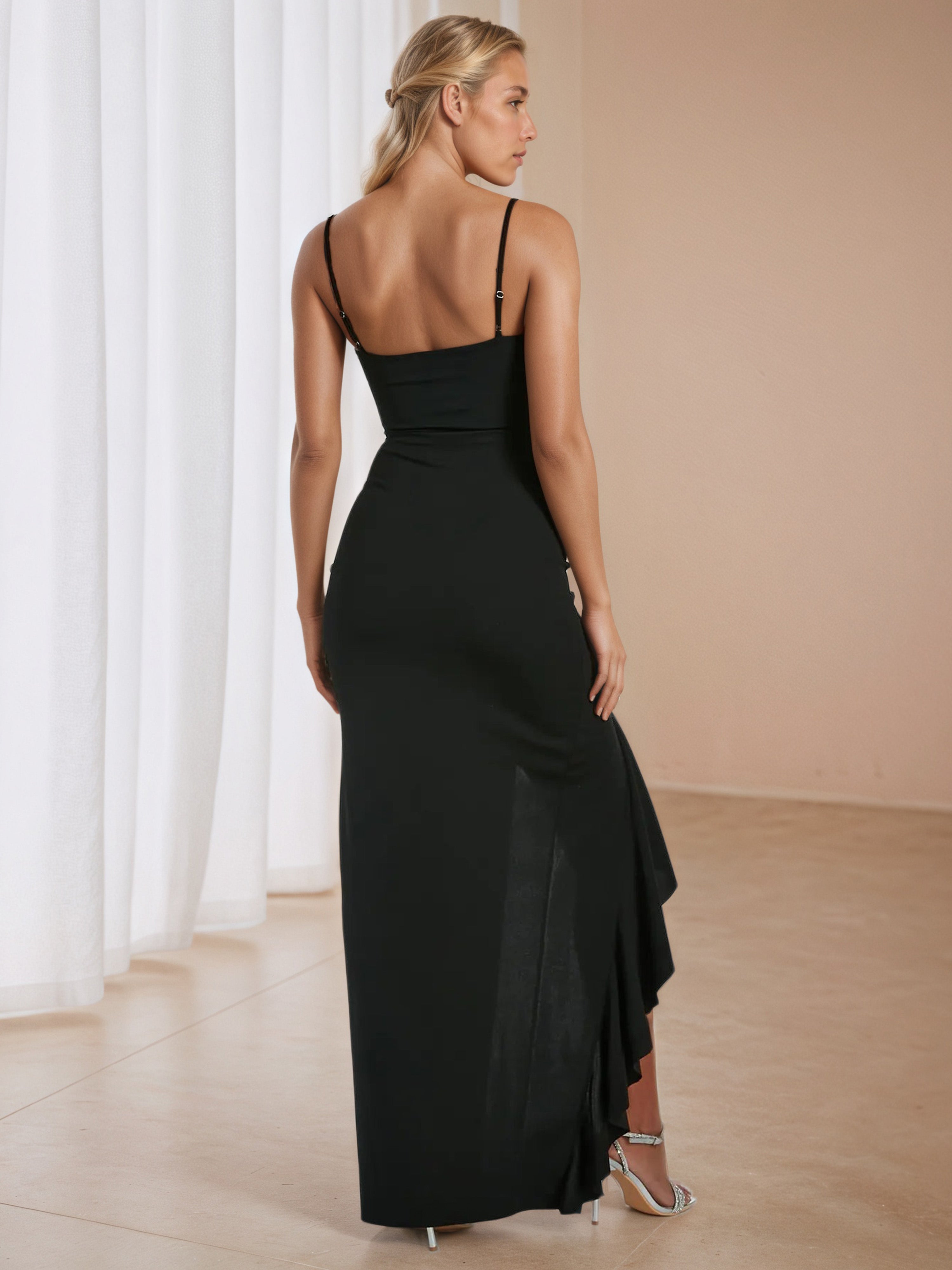 Sheath Black Wedding Guest Dress with Ruffle side