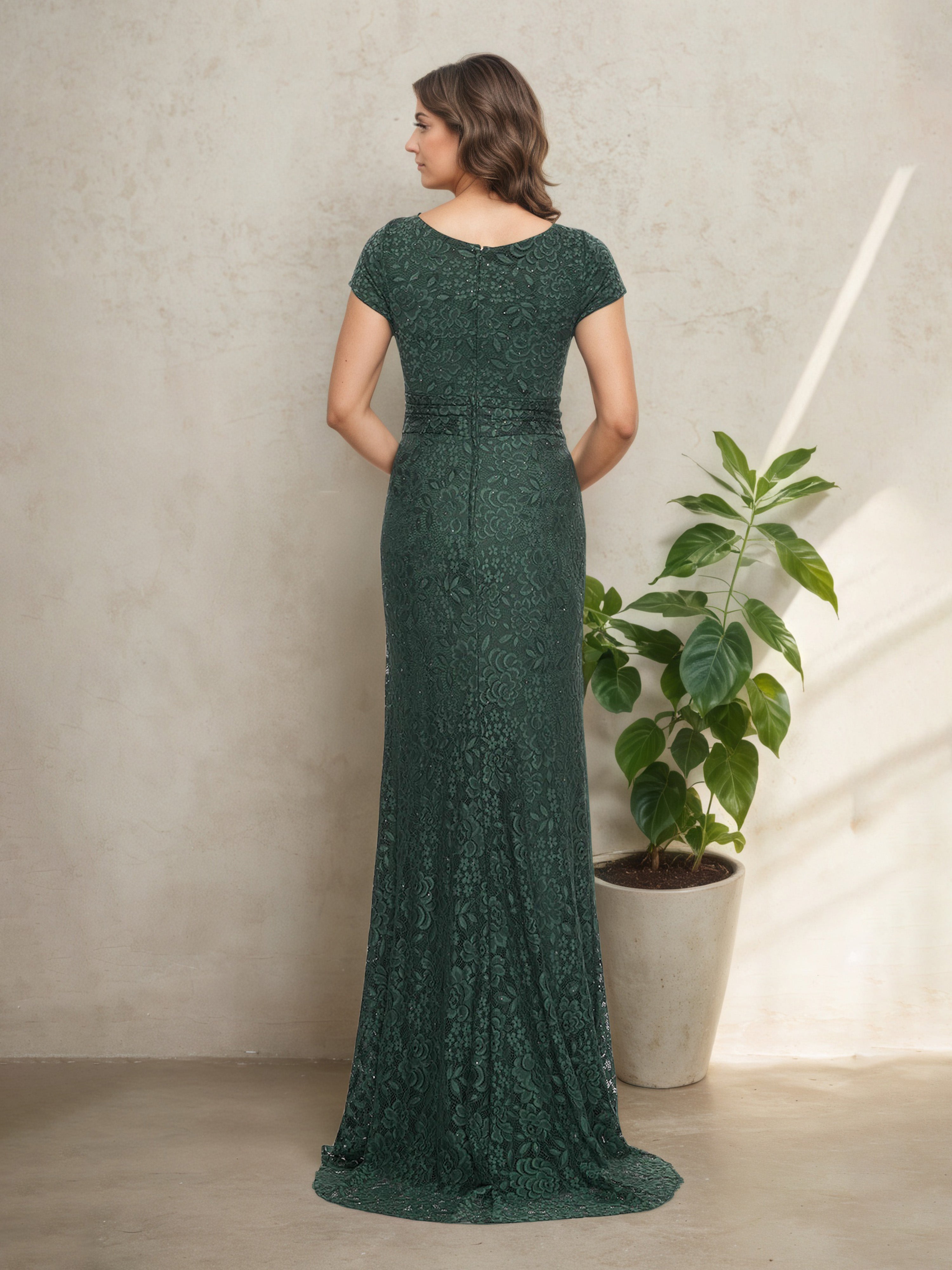 V-Neck Lace Cap Sleeves Dark Green Sheath Floor Length Mother Of The Bride Dress