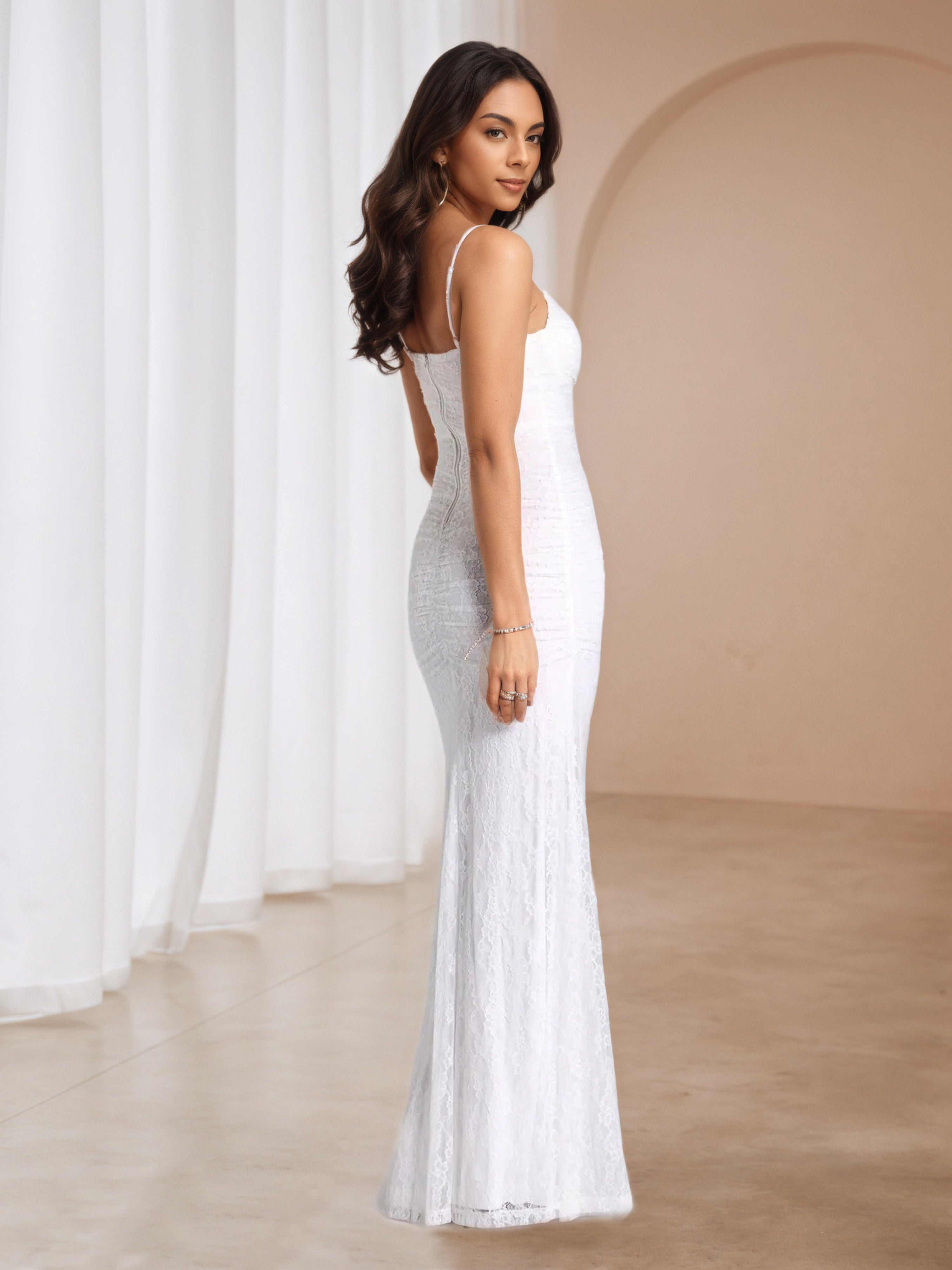 White Spaghetti Straps V-Neck Sheath Split Wedding Guest Dress
