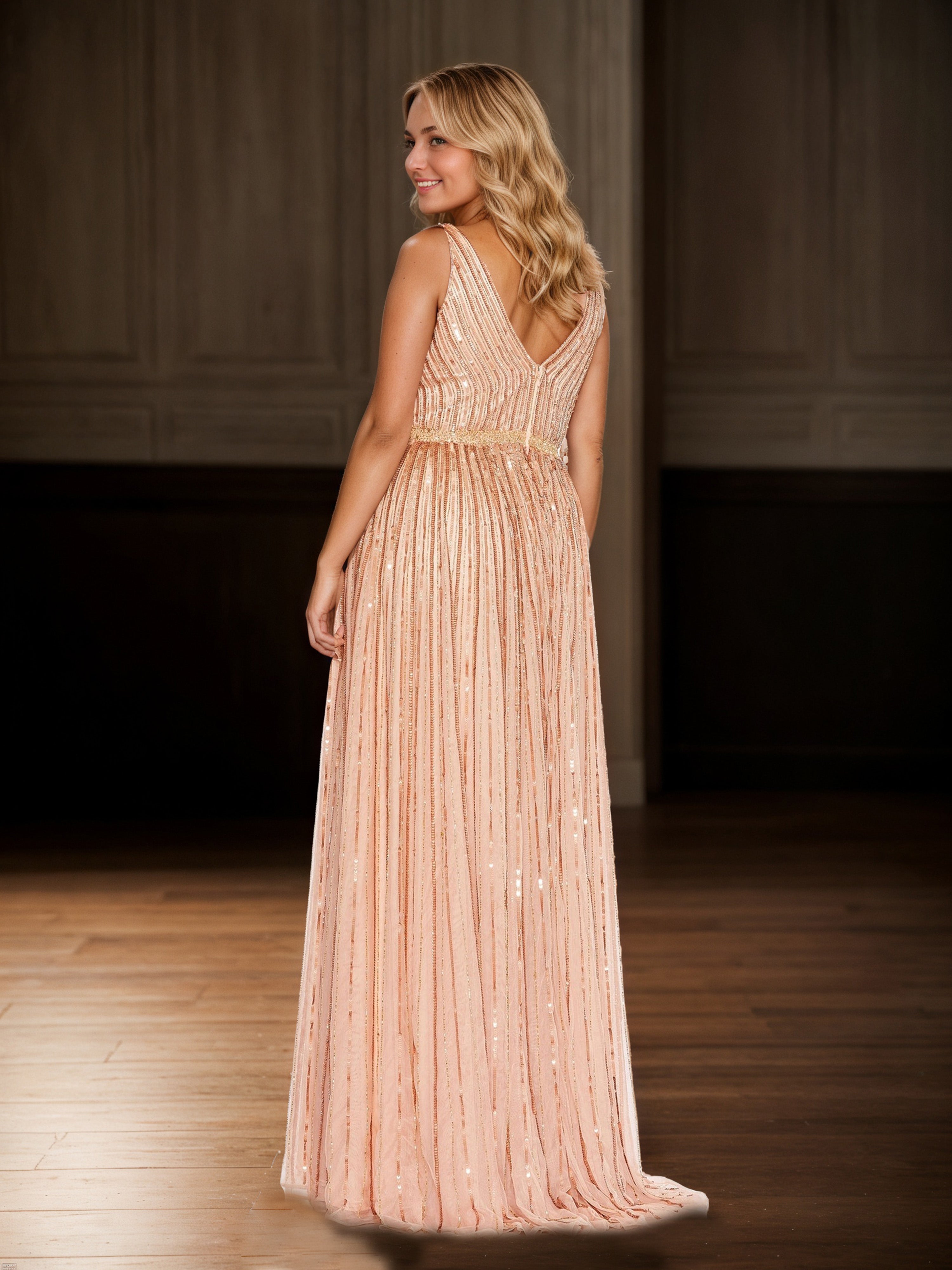 V-neck Sleeveless Champagne Gold Sequin Long Prom Dresses