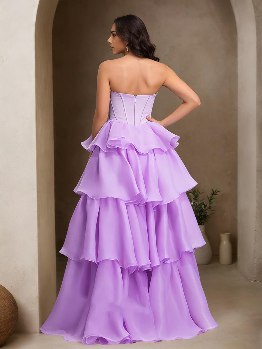 Cicinia Lilac Prom Dresses Long A-line Layered Strapless Beaded Princess Dress