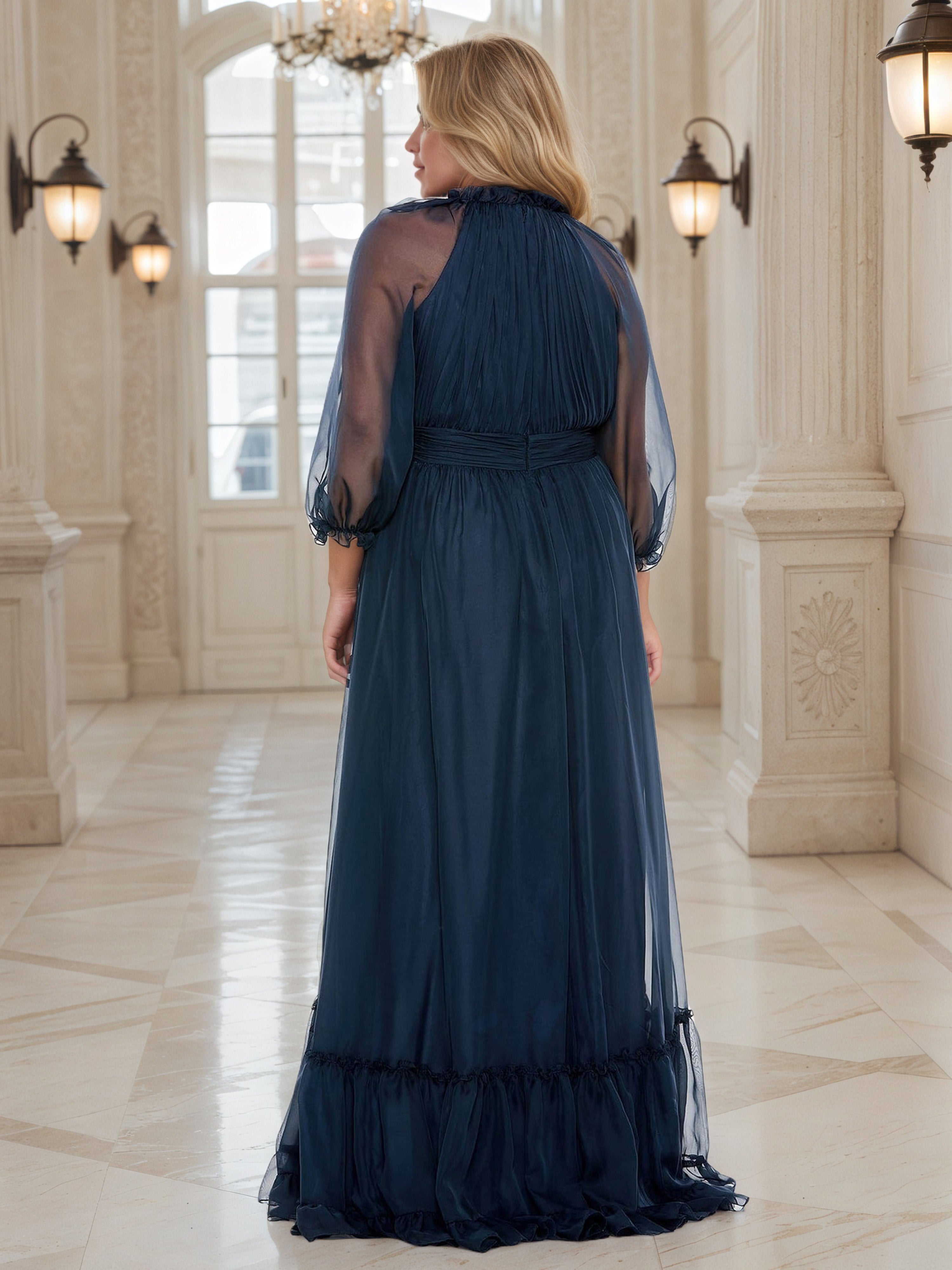 Flowy 3/4 Sleeves Dark Navy Plus Size Prom Dress With Sweep Train