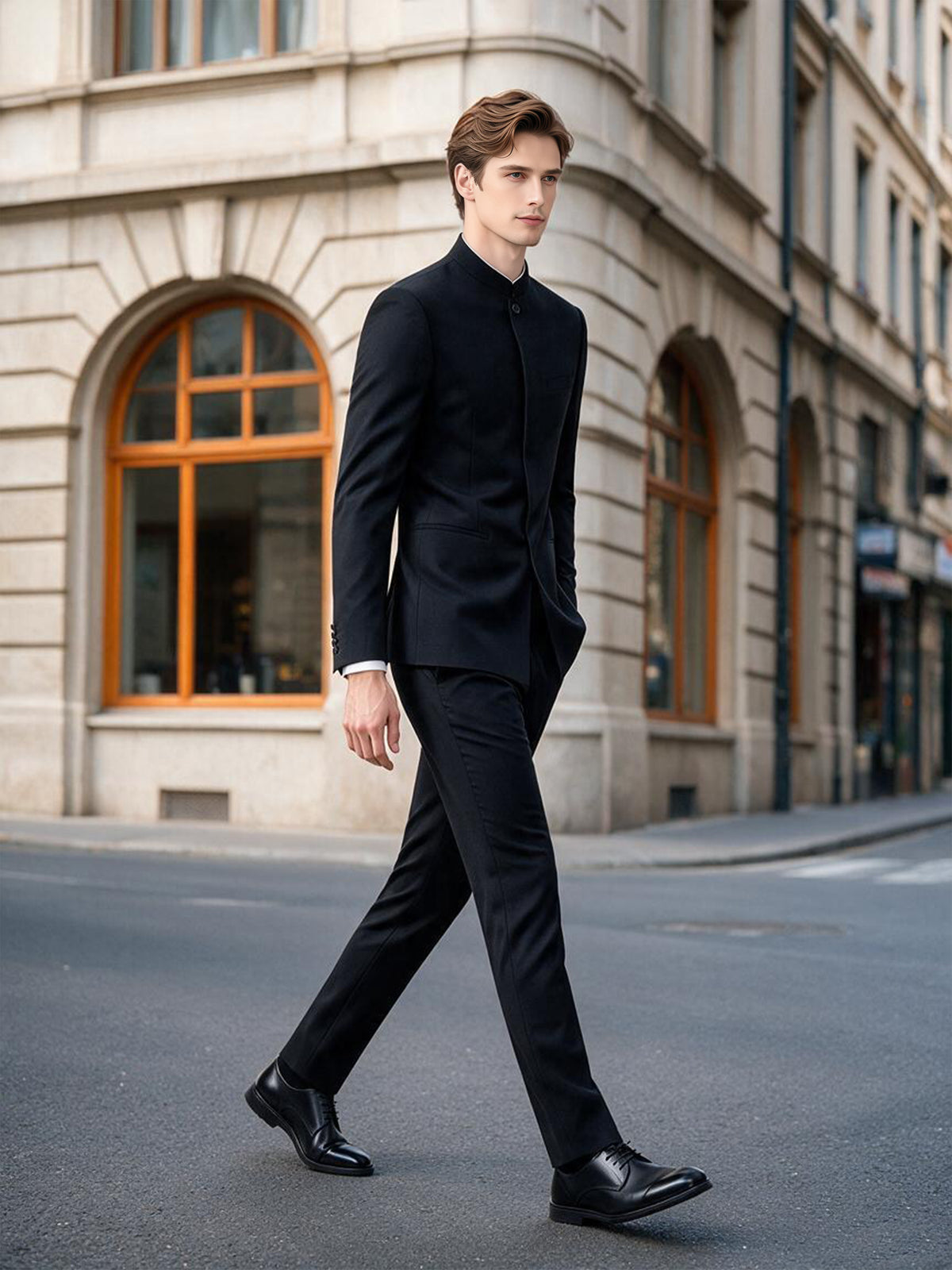 Cicinia Classic Mandarin Collar Concealed Placket Tailored 2 Pieces Black Men's Suits