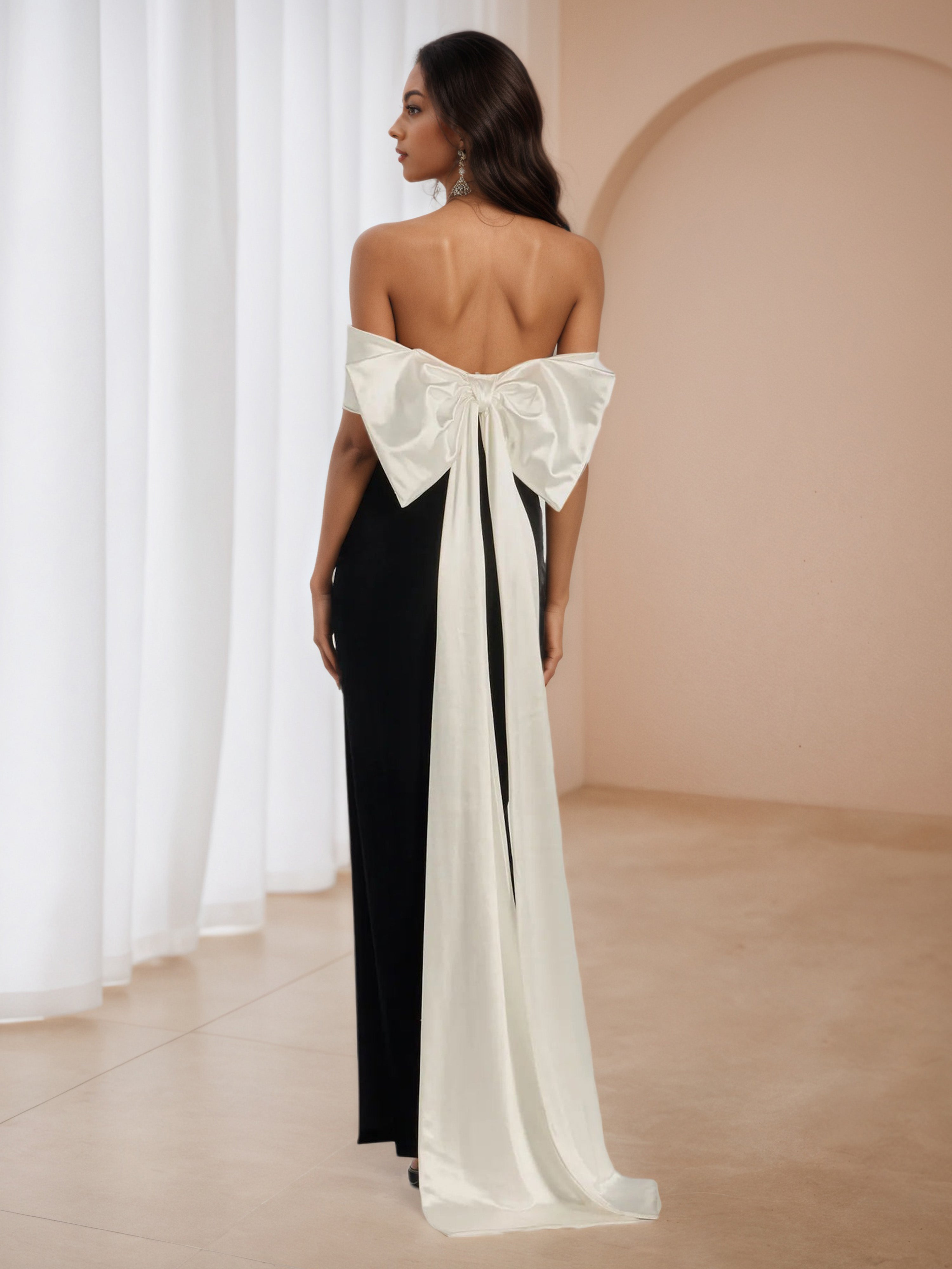 Elegant Black and White Bowknot Wedding Guest Dress