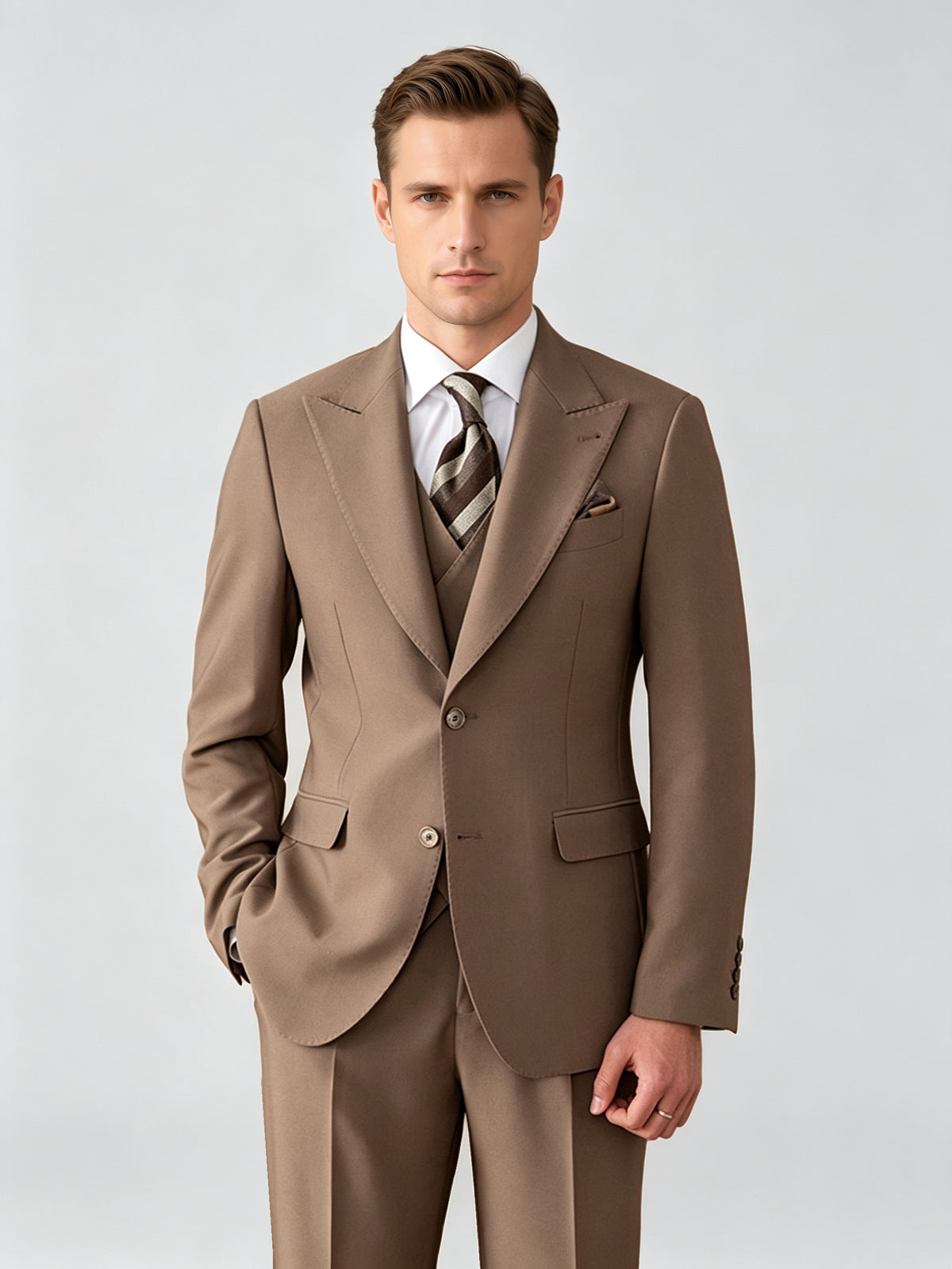 Cicinia Brown Men's Suits 3 Pieces Suit Peak Lapel Two Button Jacket Double Breasted Waistcoat And Cuffed Pleated Trousers