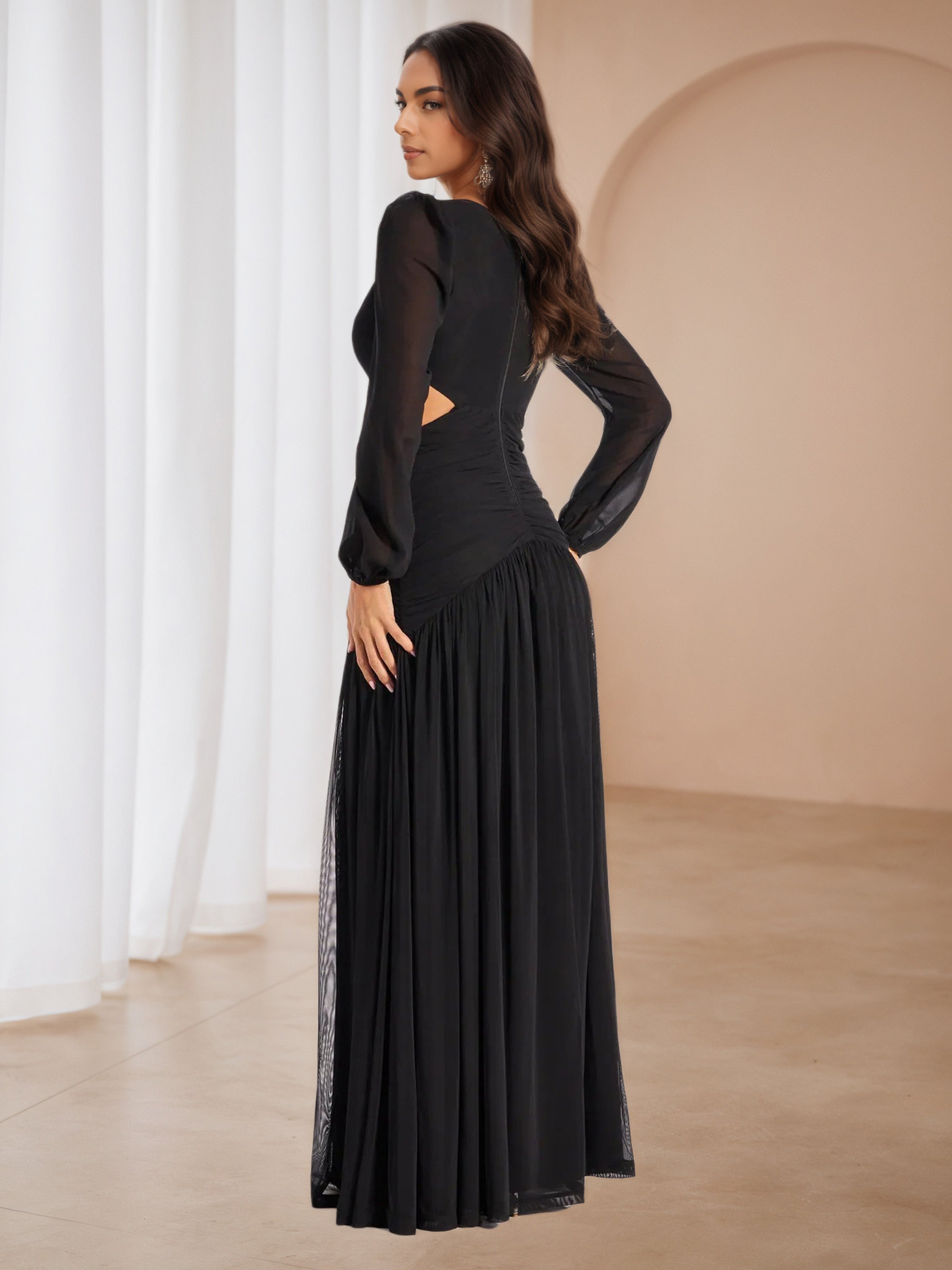 Black Long Sleeves V-Neck Cut-Out Long Wedding Guest Dress