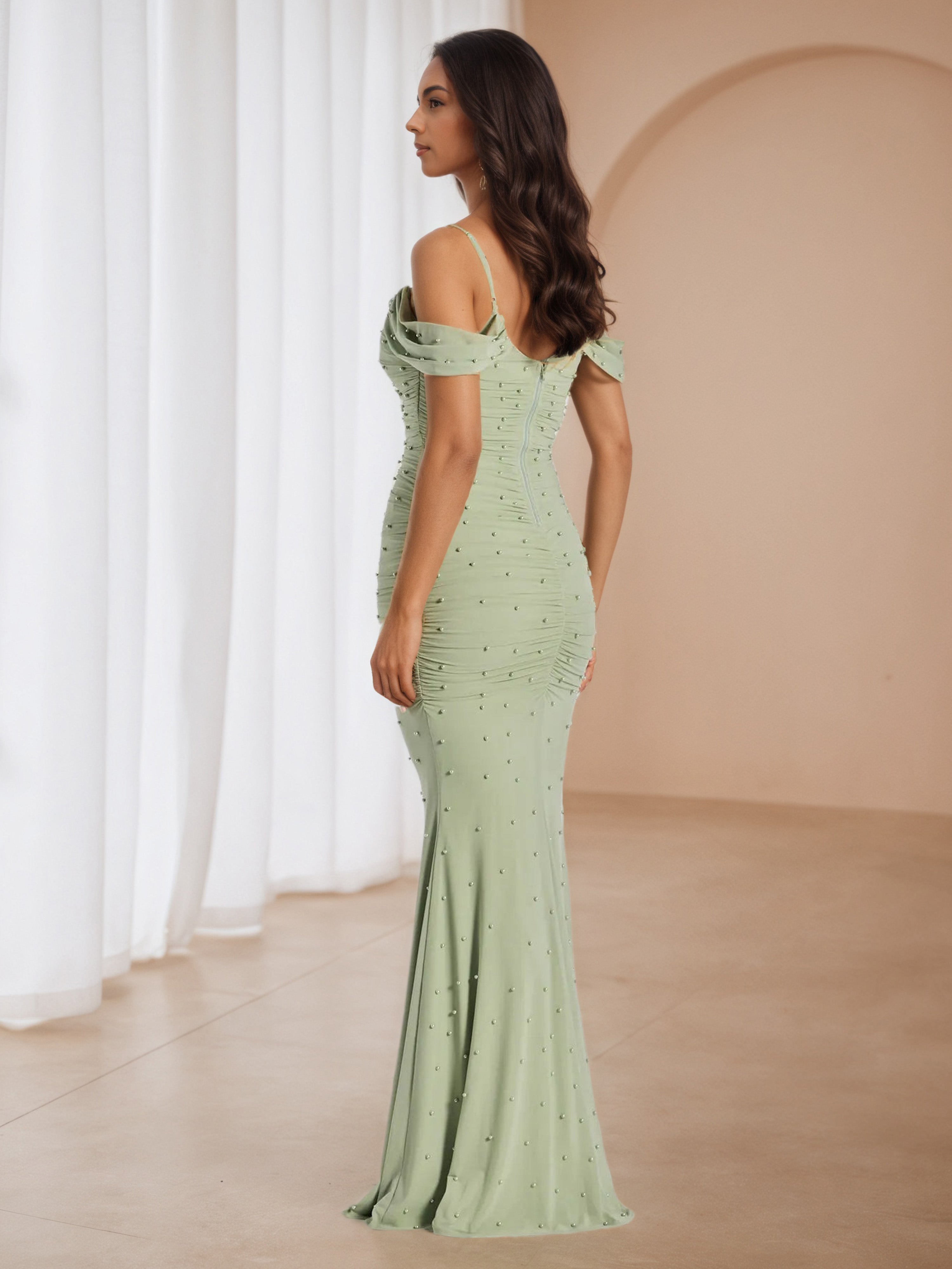 Dusty Sage Notched Pearl Wedding Guest Dress
