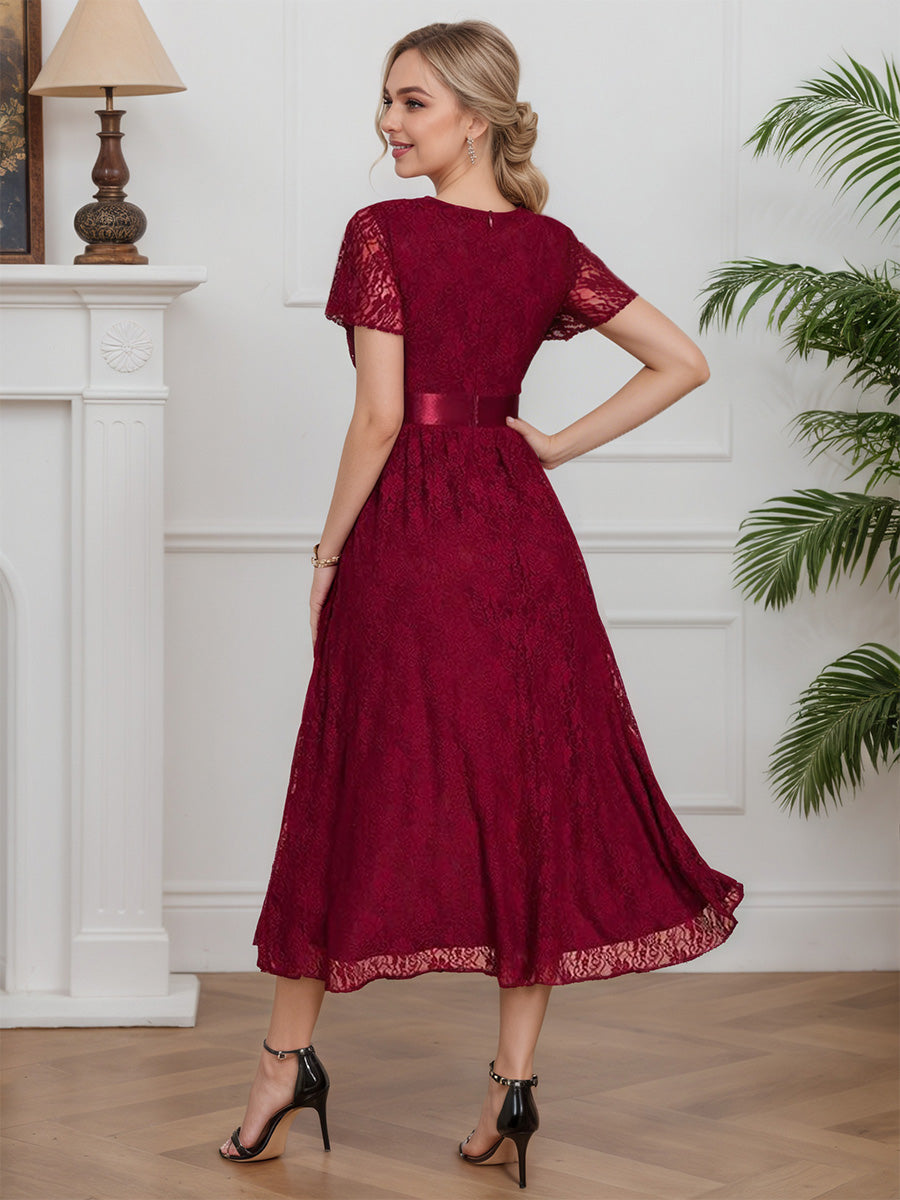 Cicinia Burgundy Mother Of The Bride Dress Long Lace A-line Tea Length Chic
