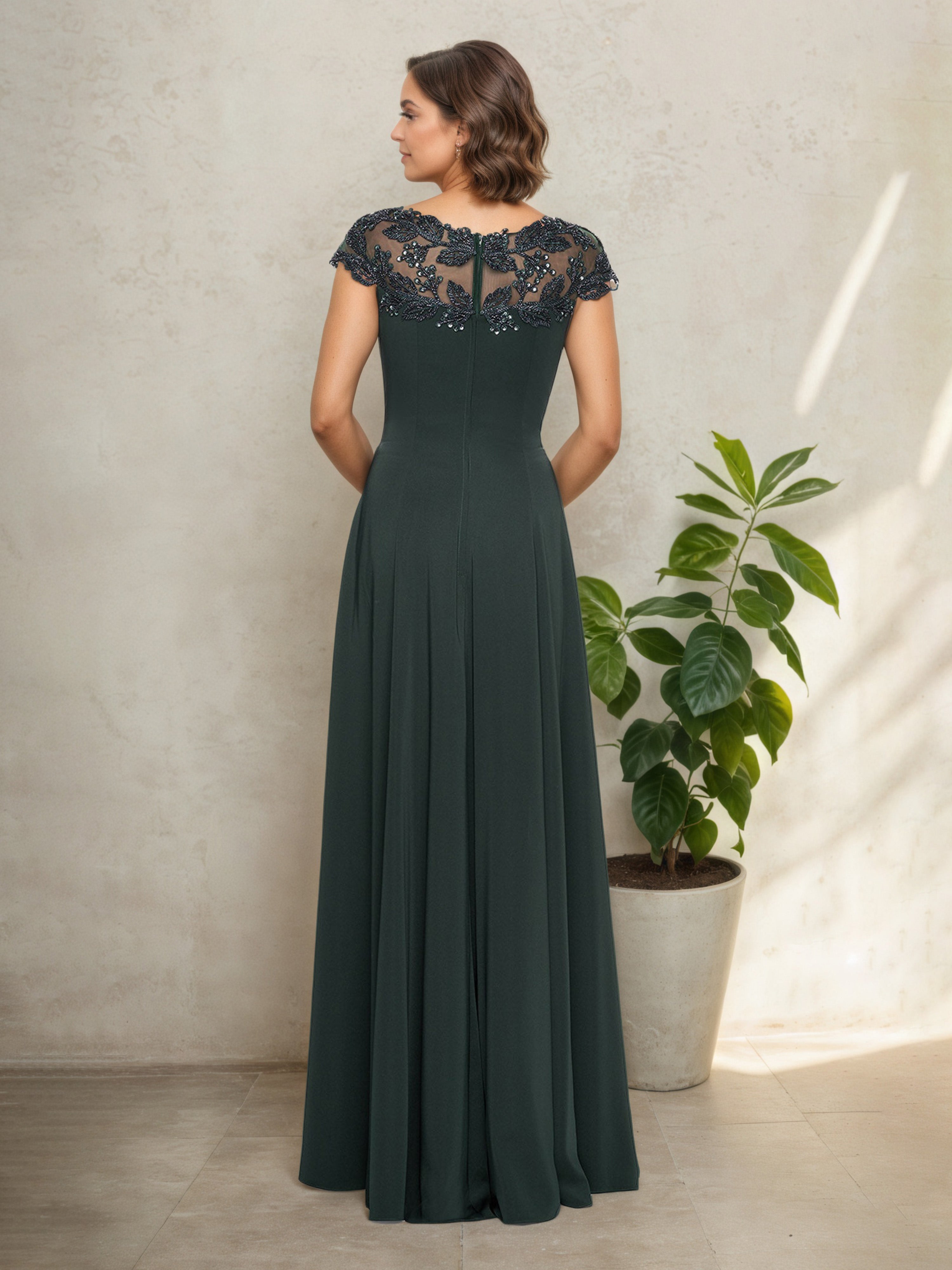 A-Line Round Neck Gunmetal Cap Sleeves Mother Of The Bride Dress