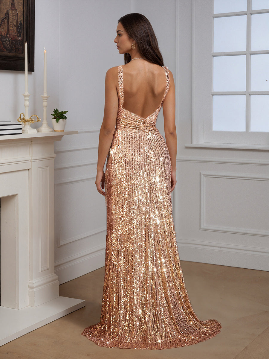 Sparkly Sleeveless Backless Slit Sheath Long Prom Dress
