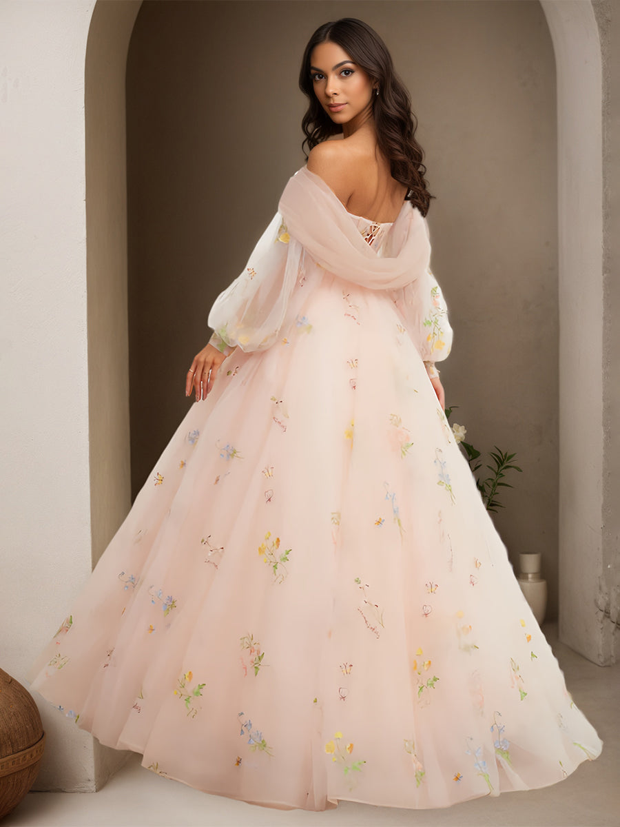 Cicinia Pearl Pink Prom Dresses Long Lace Tulle A-line Off The Shoulder Princess Dress