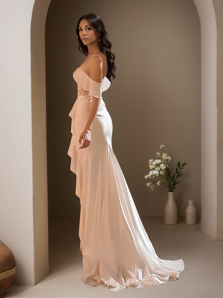 Cicinia Peach Prom Dresses Long Chiffon Appliques Lace Sheath Gown With Train