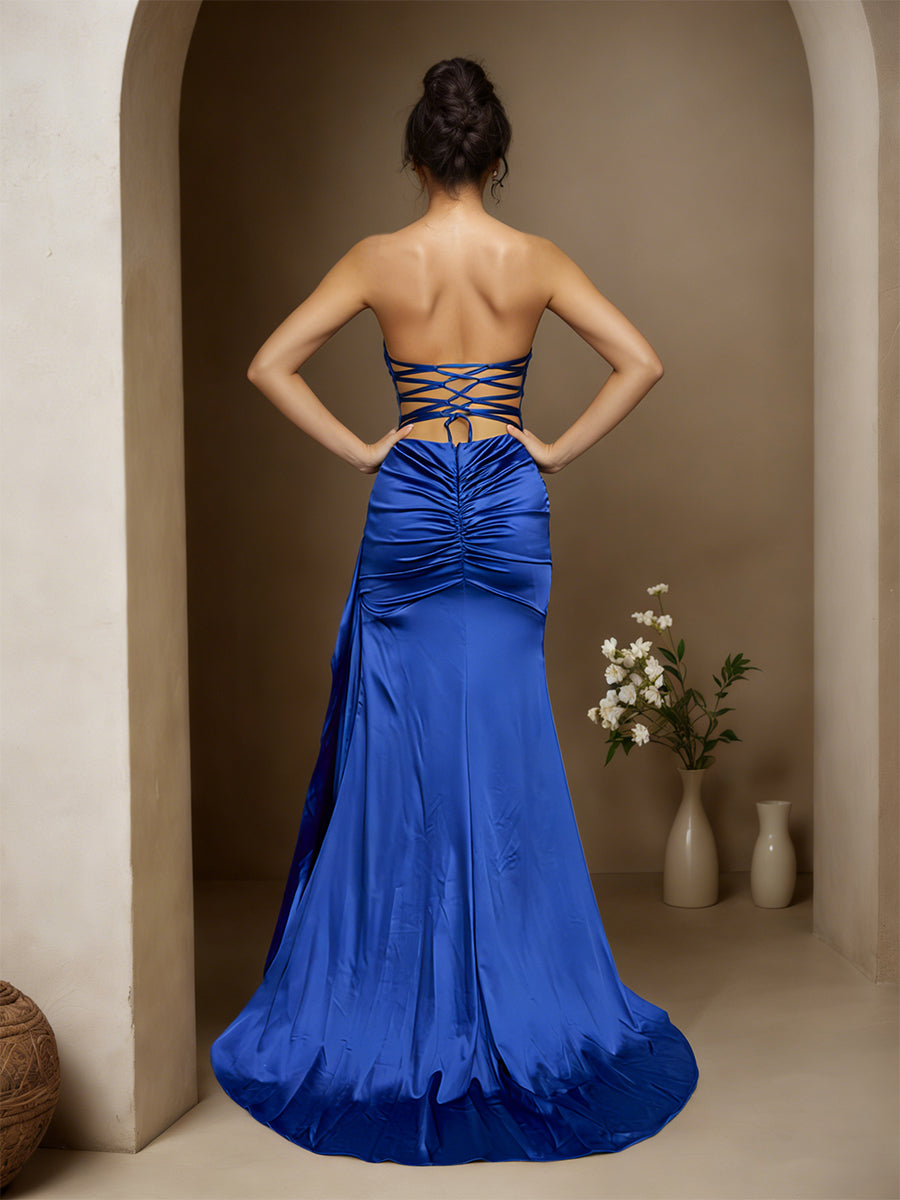 Cicinia Royal Blue Prom Dresses Long Soft Satin Sheath Sweep Train Strapless Charming