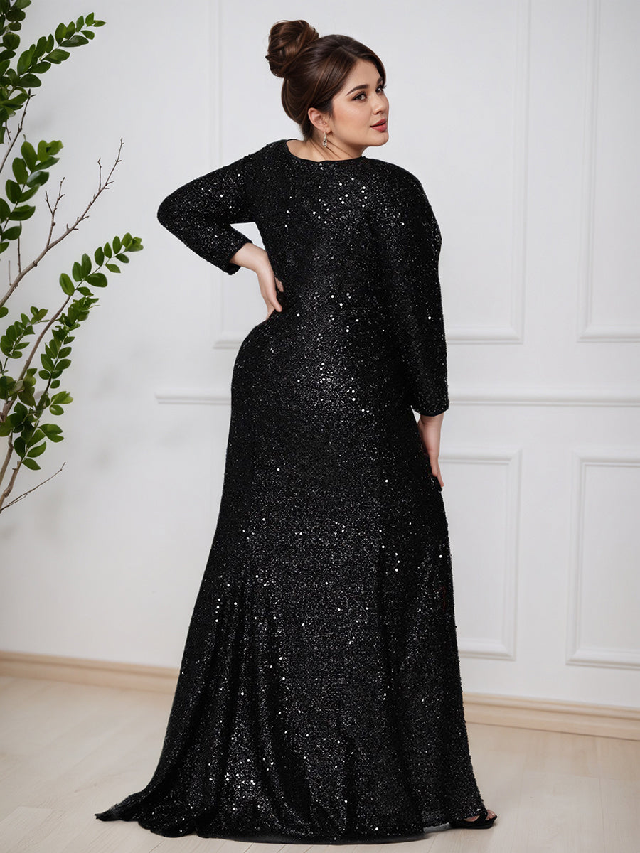Glitter Long Sleeves Black Sheath Split Plus Size Prom Dress