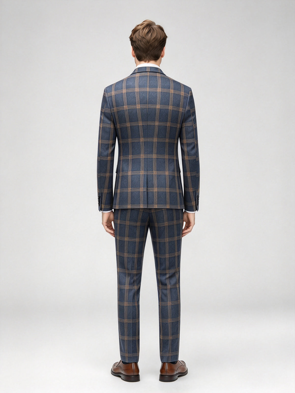 Cicinia 3 Pieces Plaid Suit Notch Lapel Single Breasted Jacket V Neck Waistcoat Slim Fit Trousers Navy Blue Men's Suits